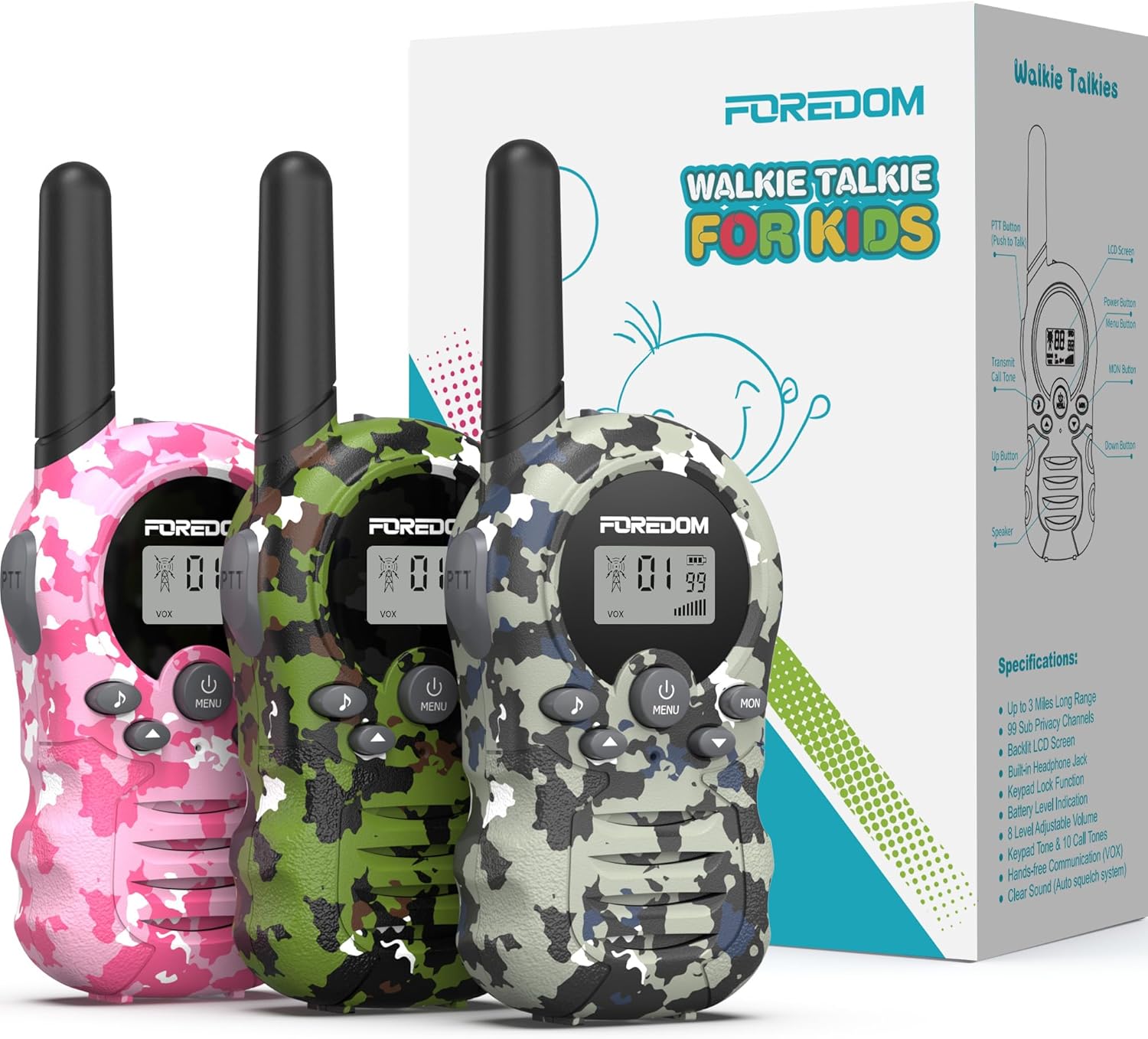 FOREDOM Walkie Talkies for Kids Walkie Talkies Long Range for Boys & Girls Age 3 to 12 Year Old Birthday Cool Army Toys - 3 Pack