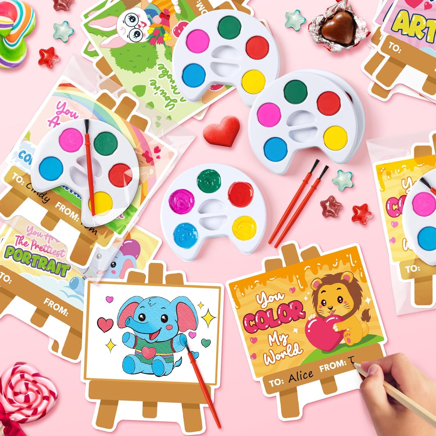 Valentines Day Cards for Kids School, 28 Pack Watercolor Paint Sets with Greeting Cards, Valentines Day Gifts for Kids Classroom Prize Exchange Gifts, Valentine Party Favors for Boys Girls