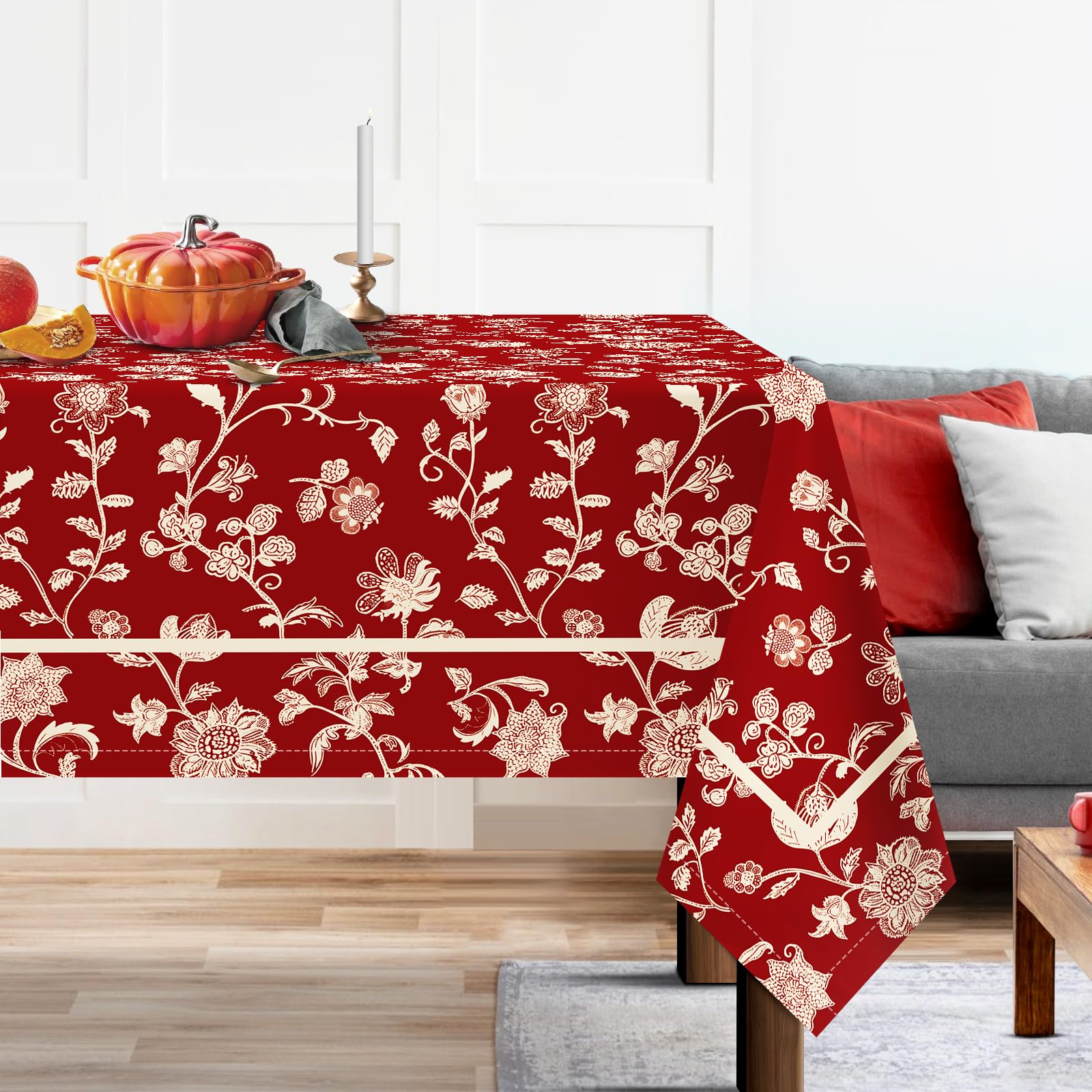 Arquiel Mantel Navidad, Mantel Rojo De Flores Navidad para Mantel Impermeable Antimanchas Poliéster Lavable para Fiesta, Vacaciones, DecoracióN del Hogar De Invierno (140 X 180 Cm)