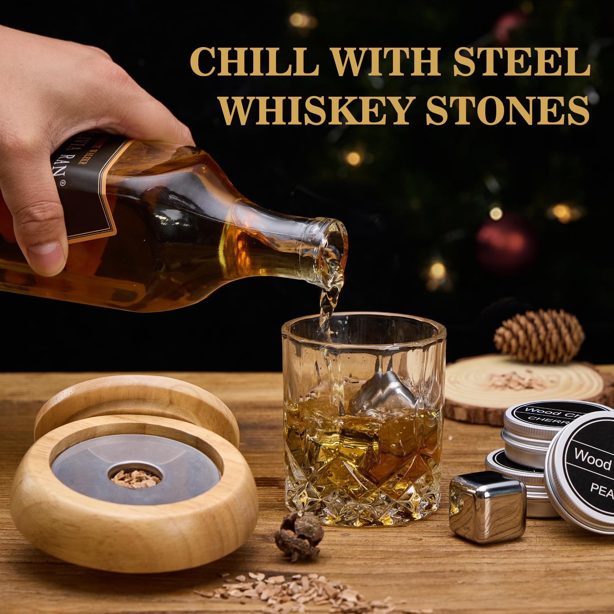 Zestaw wędzarniczy do koktajli – zestaw do whisky z 6 drewnianymi chipsami, 4 kamieniami do whisky ze stali nierdzewnej i ulepszonym palnikiem – zestaw do wędzenia w stylu Old Fashioned i