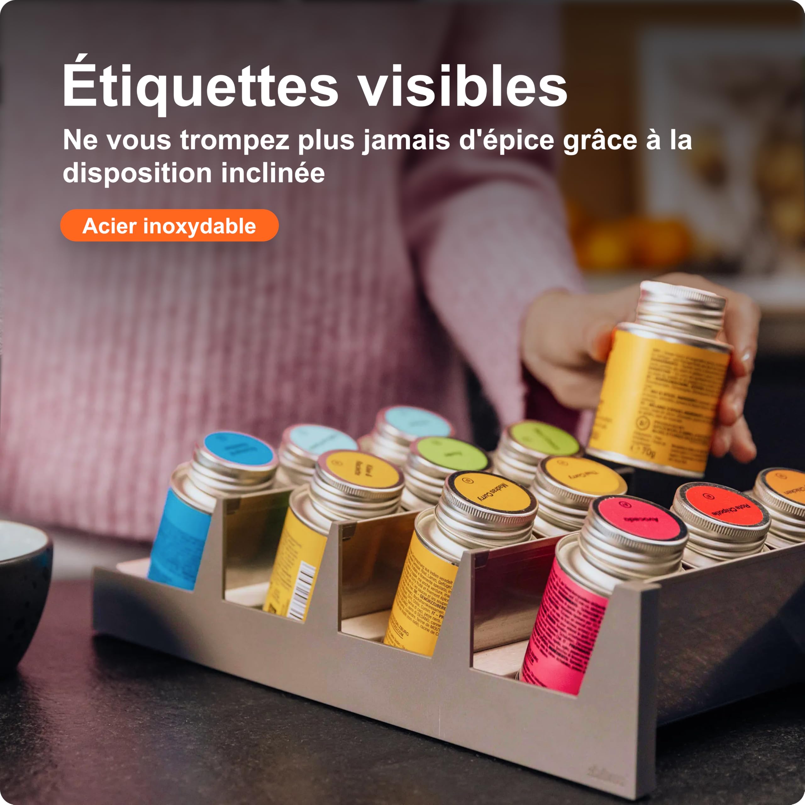 blum© Porte-épices de qualité supérieure I AMBIA-LINE pour tiroirs I Étagère à épices I Organisateur à épices pour tiroir de cuisine | Peut contenir jusqu'à 16 pots à épices, compartiments inclinés pour une vue d'ensemble/accès rapide, peu encombrant et s