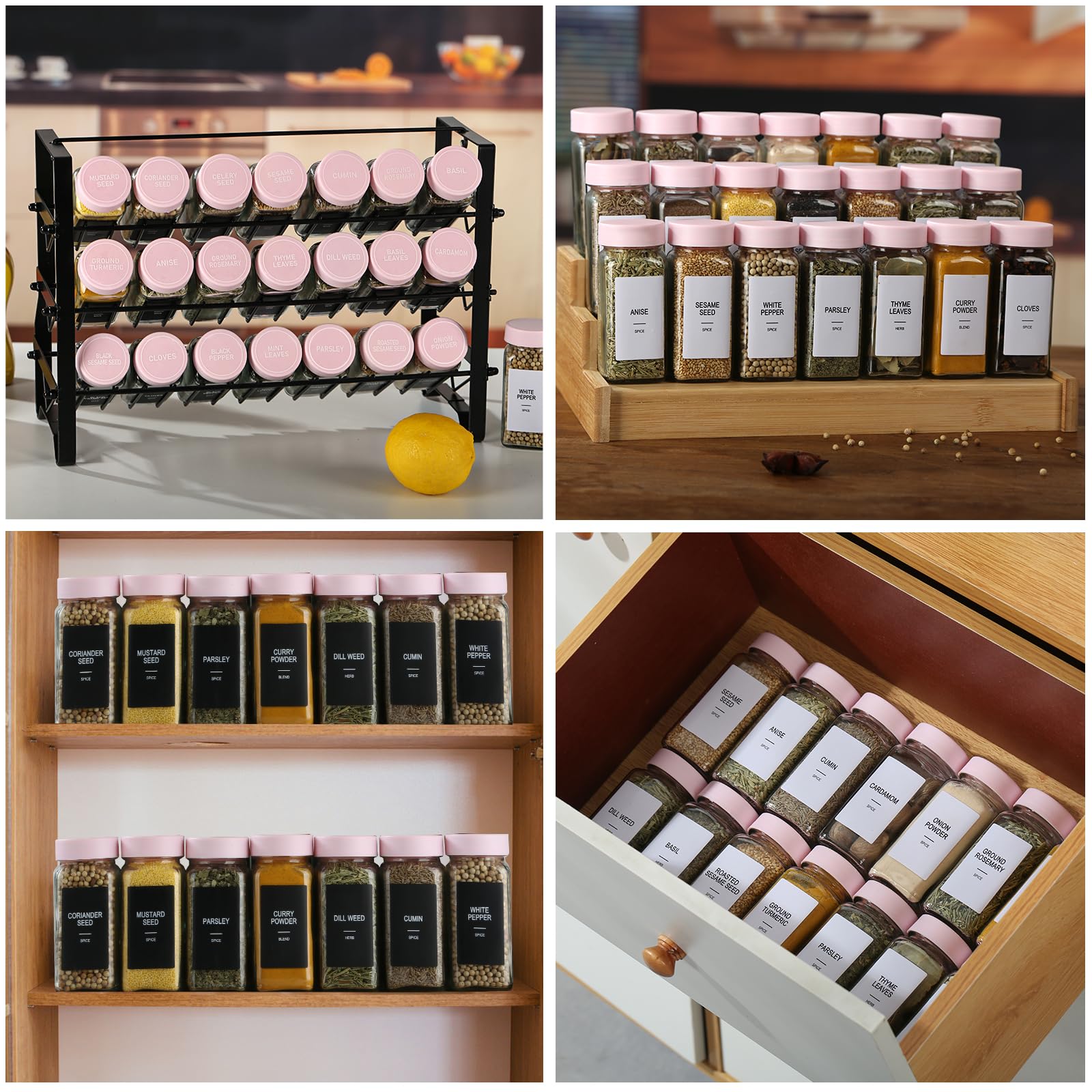 24 Gewürzgläser aus Glas mit Etiketten, Gewürzdosen-Set, 4 Unzen Gewürzbehälter, Gewürzbehälter mit rosa luftdichten Deckeln und Streudeckel, quadratische leere Gewürzflaschen, 492 Etiketten, 1