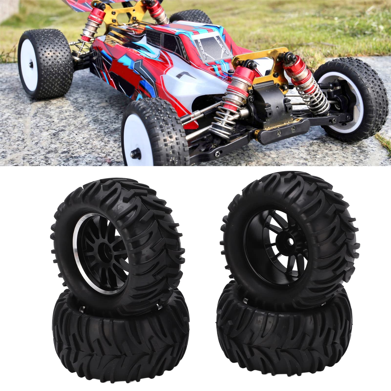 82mm RC Gumowe opony z 12 szprychowymi obręczami Wzór V Powierzchnia antypoślizgowa Trwały materiał Odporny na wstrząsy Wydajność dla 144001 1/14 Samochód terenowy Czarny 4szt