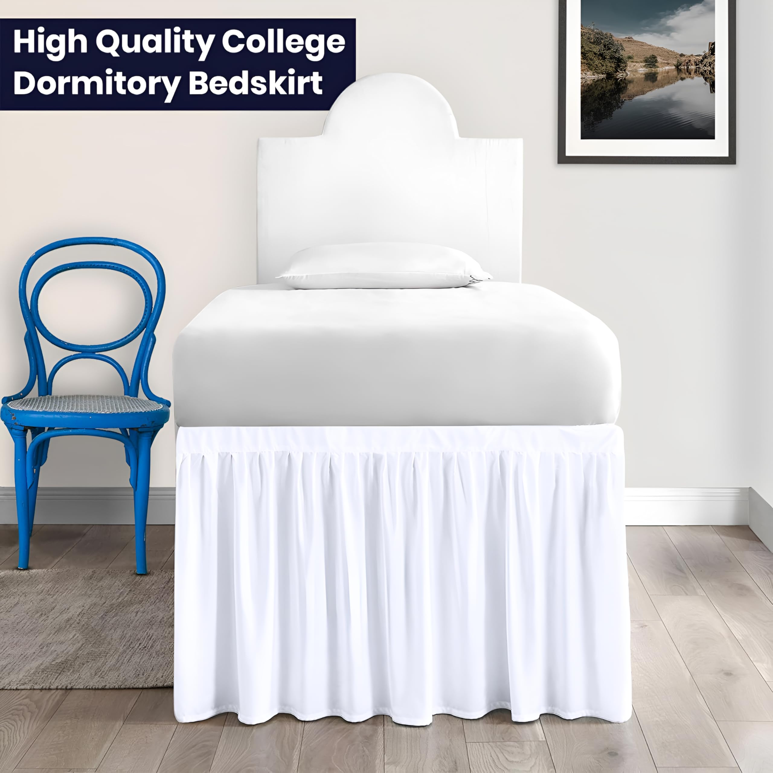 SGI bedding Dorm Bed Skirt Twin XL 32 Inch Drop Length - White, Ruffled Pattern College Dorm Room Bed Skirts - Split Corner, Easy Care, Wrinkle Free 1800 Series Microfiber Bed Skirt