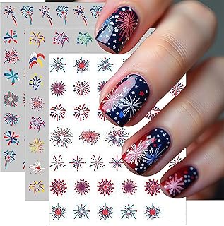 3Sheets 4th of July Nail Art Stickers Decals Red Blue White Fireworks 5D Self-Adhesive Embossed Nail Decals Fireworks Designs Nail Decals for Women Independence Day Manicure Decoration