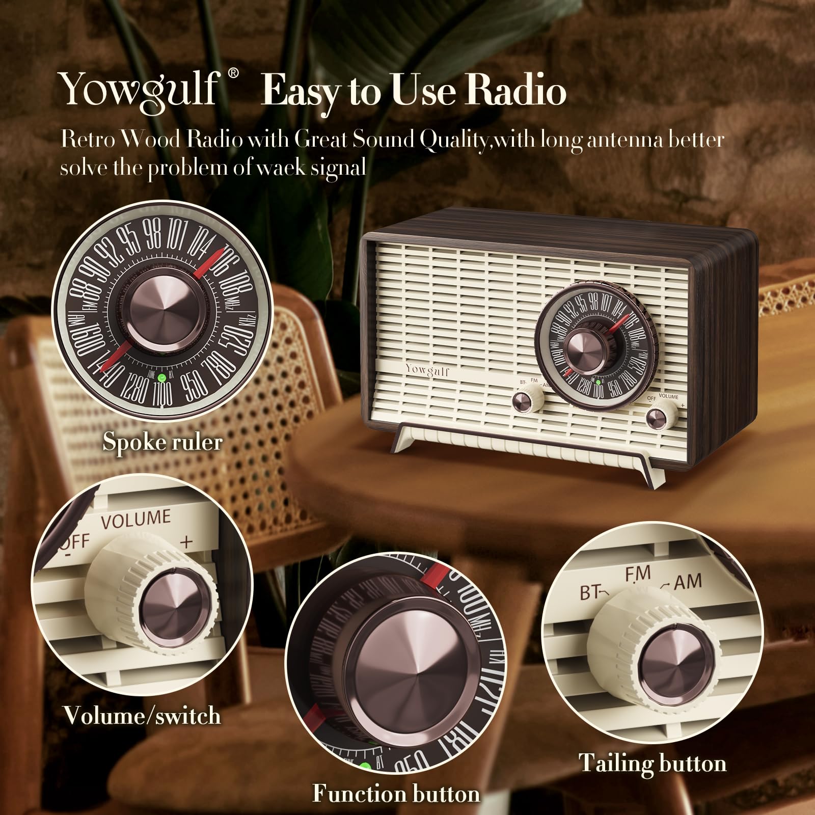 YOWGUIF Radio AM FM classique rétro en bois haut-parleurs Bluetooth radio murale enfichable avec bouton rotatif, idéale pour la maison, le bureau