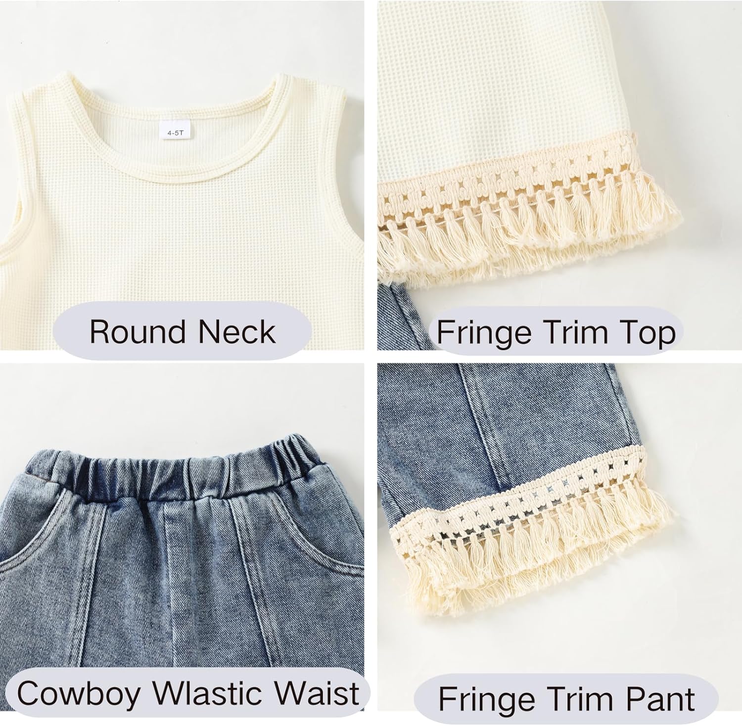 4-8 Years Girls Short Set 2 Piece Sleeveless Fringe Trim Top & Washed Denim Short Summer Clothing Outfits Set - Image 2
