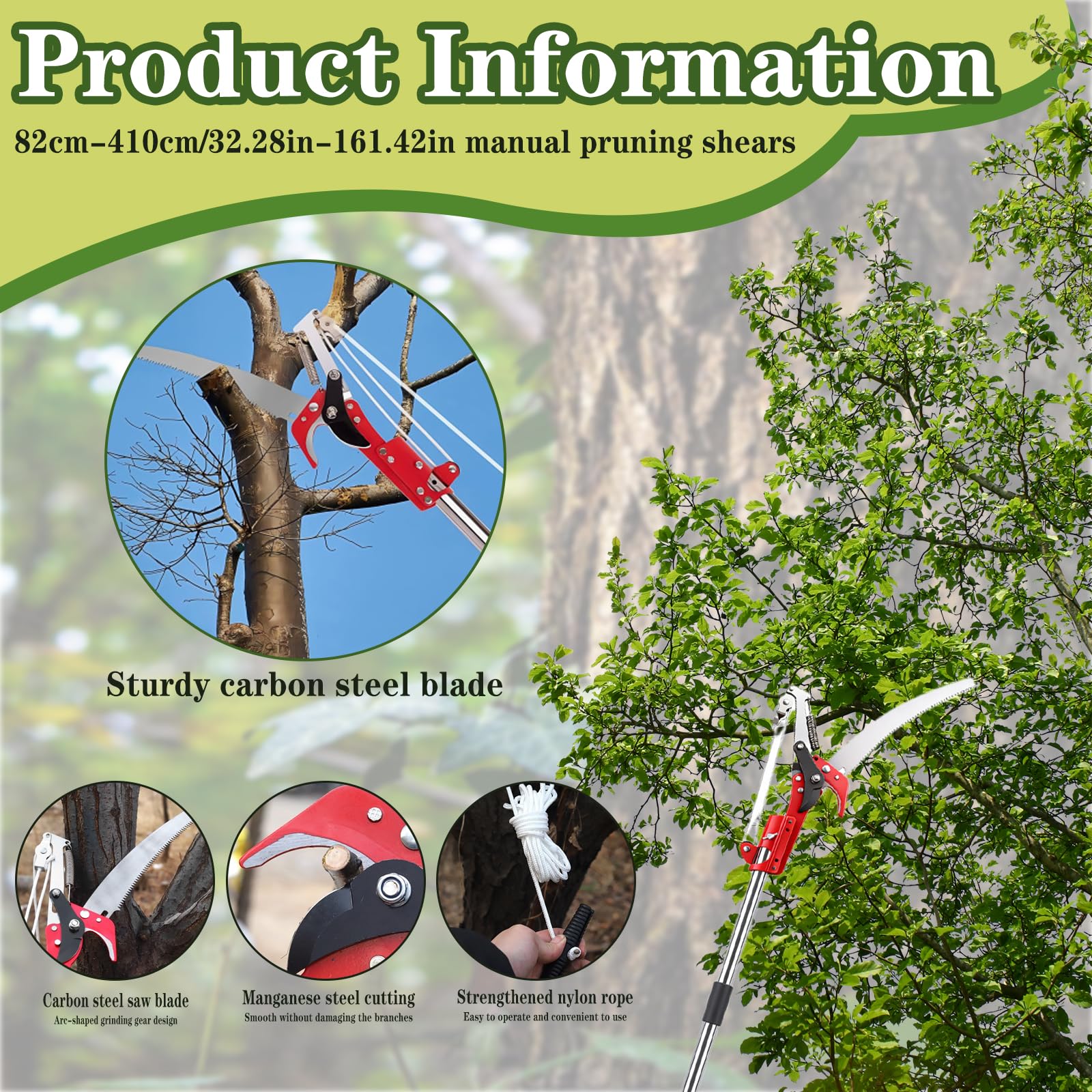 Tijeras de podar telescópicas 82 – 410 cm con sierra de podar, 2 en 1, manual con cuerda de cuerda, mango telescópico de acero inoxidable, tijeras de podar y sierra de jardín para ramas altas, árboles