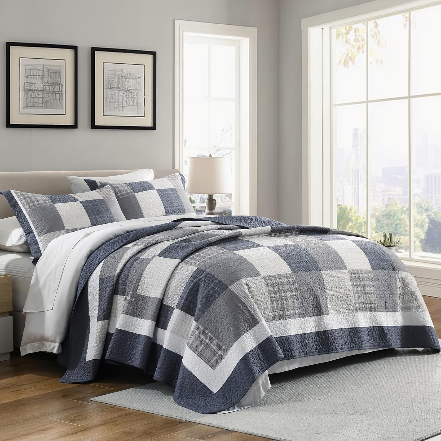 Quilts King Size - Plaid Design Modern Quilt Set with Matching Shams, 3 Pieces 100% Cotton King Quilt Bedding Set, Reversible Bedspread Coverlet for All Season, Dusty Blue/Gray/Ivory