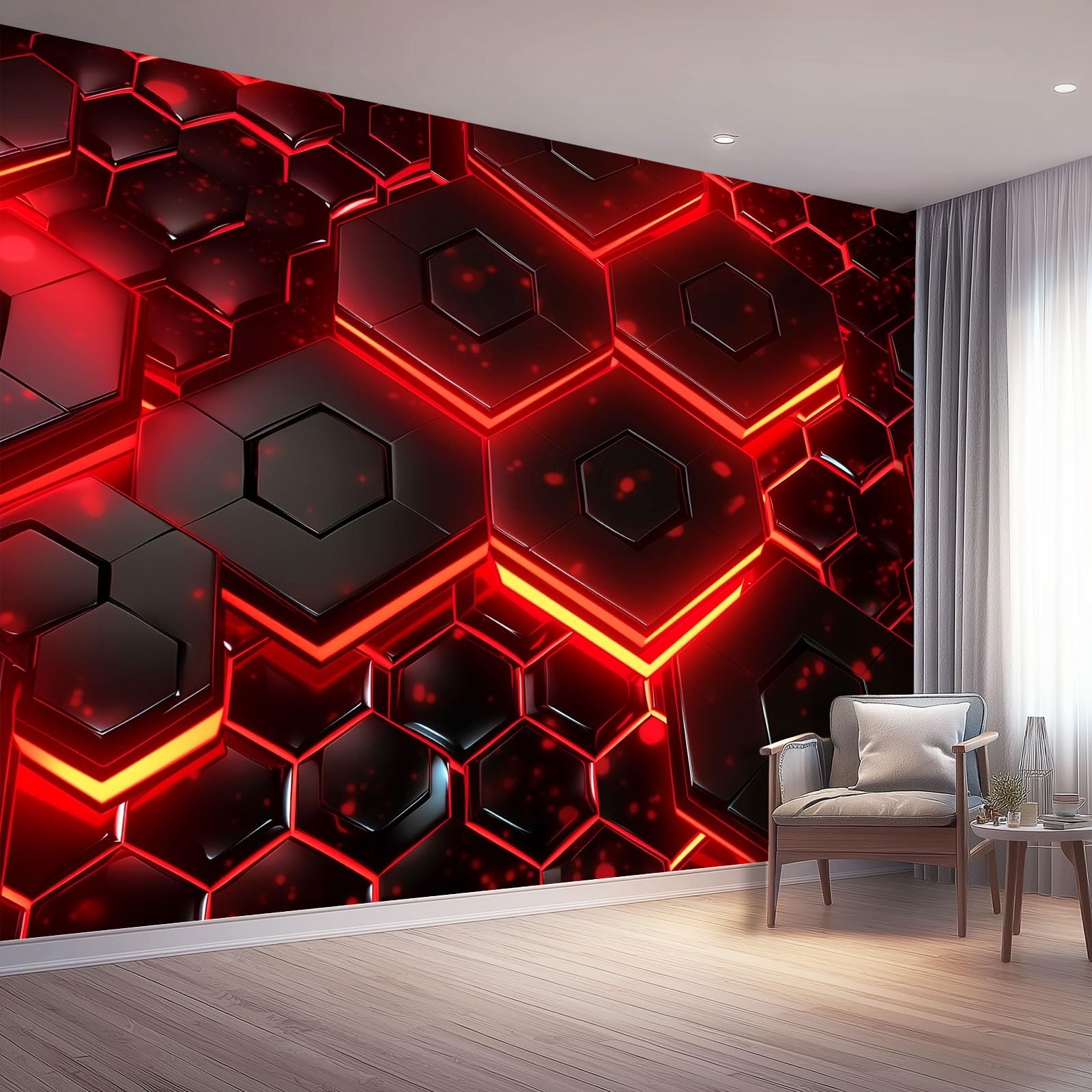 Sci Fi Geometric Photo Wallpaper, 3D Neon Hexagon Poster Wall Mural Covering, Red Large Modern Mural Wallpaper for Bedroom Living Room Dormitory Hotel Decoration, 400x280 cm (WxH)