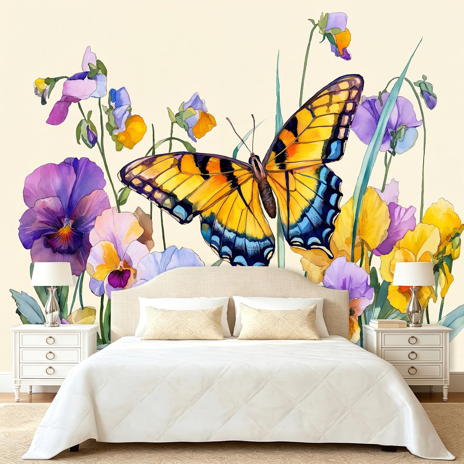 Motyl kwiatowe liście mural tapeta 200 x 140 cm (szer. x wys.), dekoracja ścienna, akwarela, estetyczny design, dla nastolatków, dzieci, sypialni, pokoju zabaw, dekoracja domu, tapeta