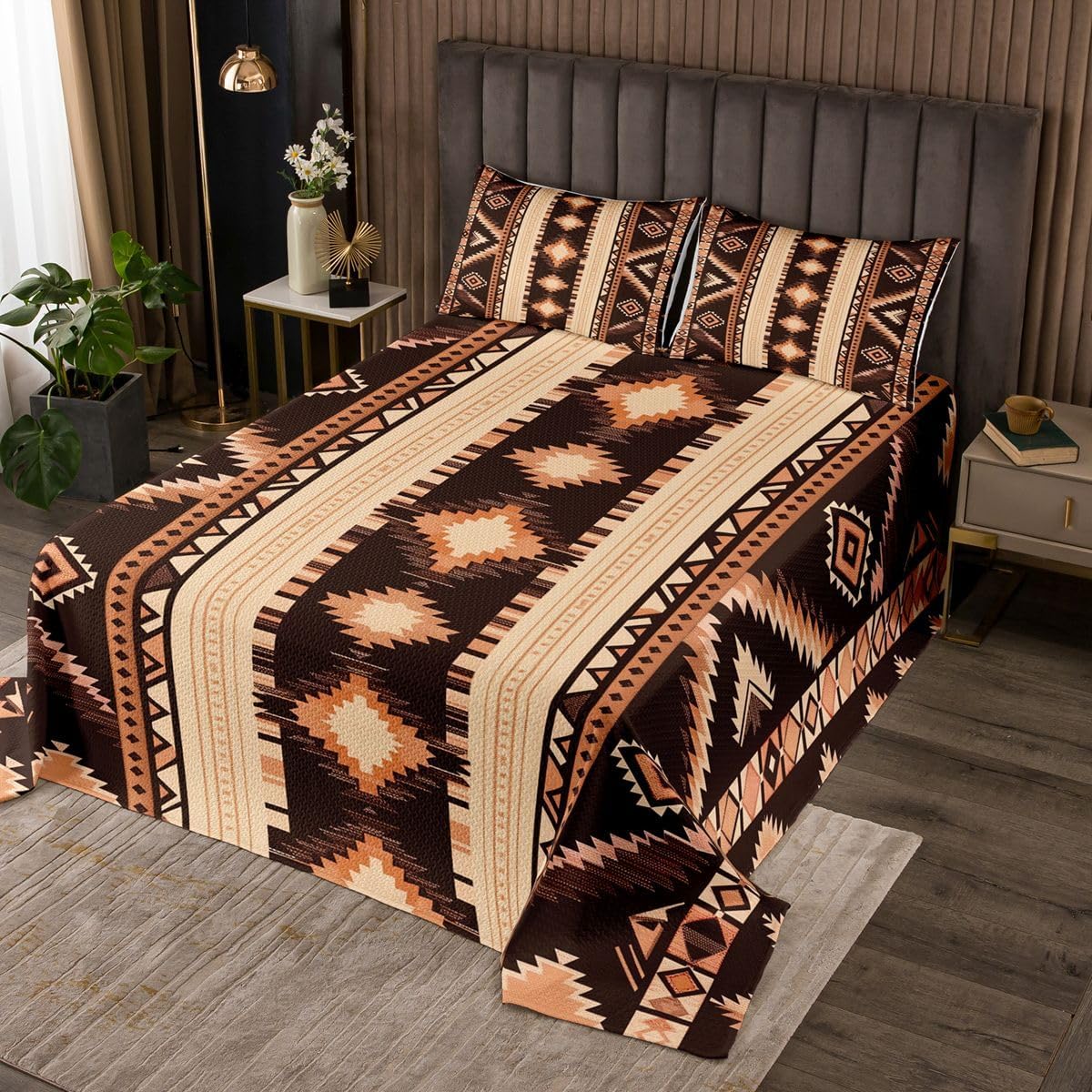 jejeloiu Southwestern Native Aztec Bedspread Quilts Retro Exotic Boho Coverlet Set Twin Size for Kids Boys Girls Modern Art Quilted Coverlet for All Season with 1 Pillowcase Microfiber