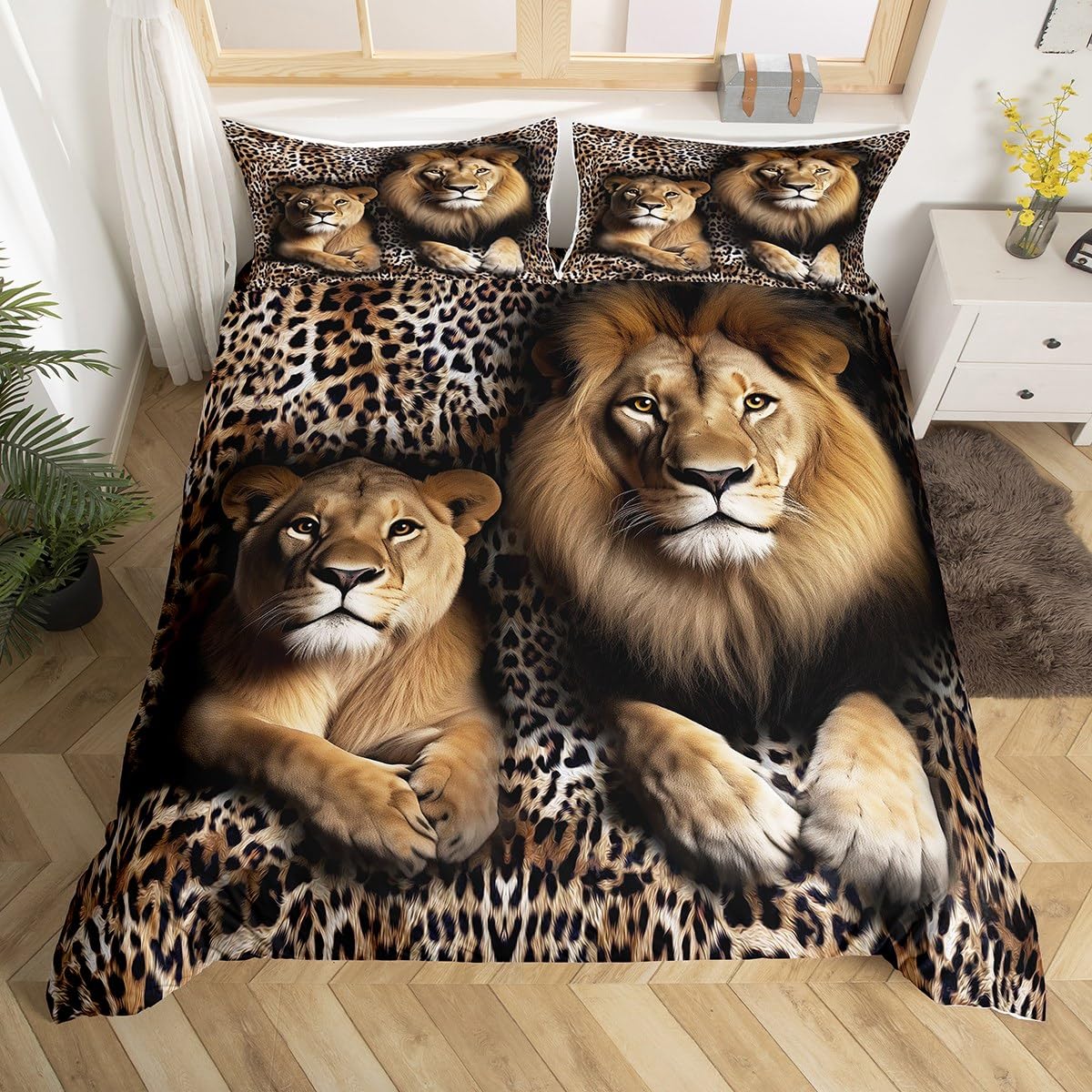 Lion Bedding Set Wild Lion Lover Couple Comforter Cover Queen 3Pcs for Kids Boys Girls African Animal Theme Duvet Cover, Black Brown Cheetah Leopard Print Bedspread Cover with 2 Pillowcases