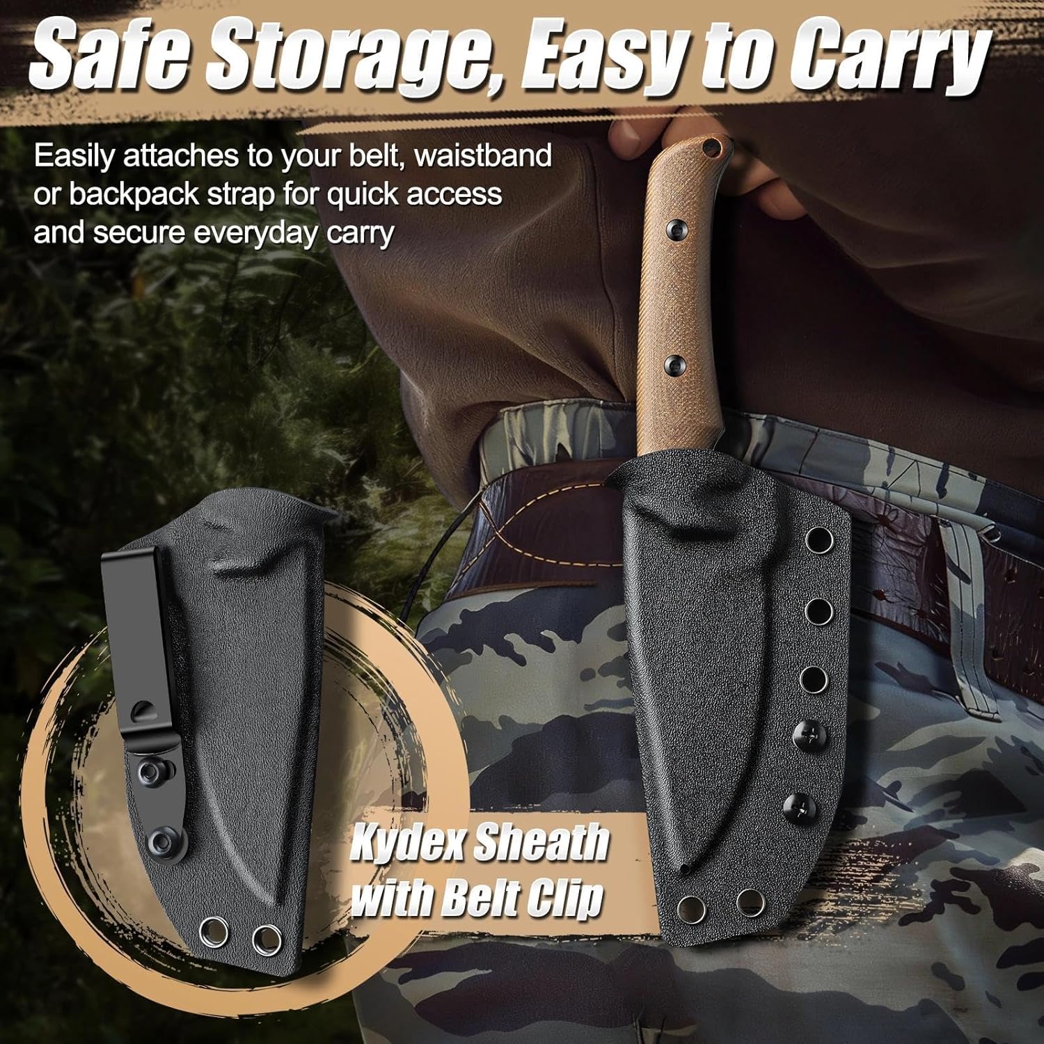 Purple Dragon Fixed Blade Knife - Full Tang Hunting Knife Forged from a Single Piece of D2 Steel - Camping Knives with G10 Handle and Kydex Sheath - Outdoor Gift for Men - Brown