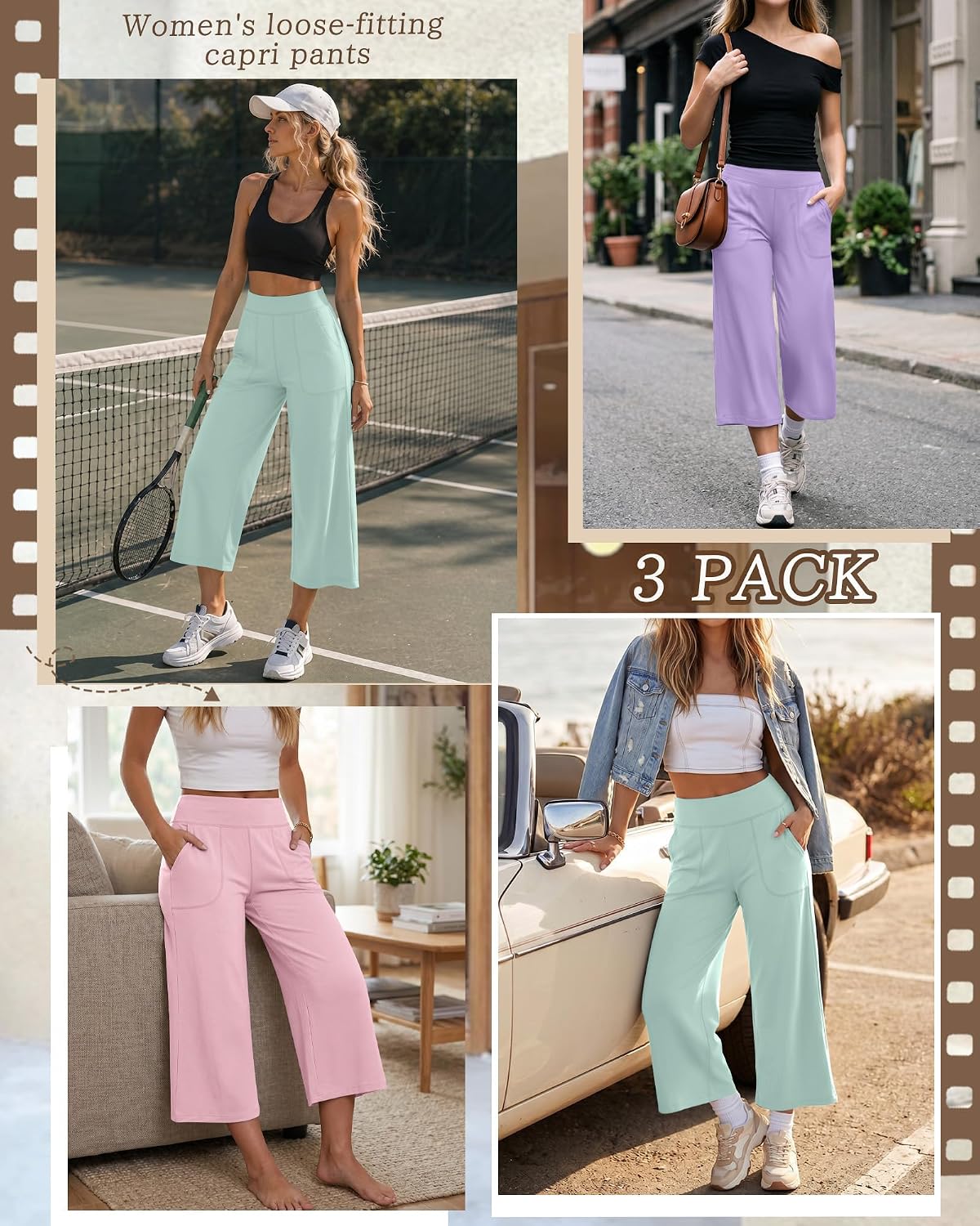 Neer 3 Pack Women's Yoga Wide Leg Capris Elastic Waist Loose 3/4 Length Sweatpants Summer Casual Cropped Pants with Pockets
