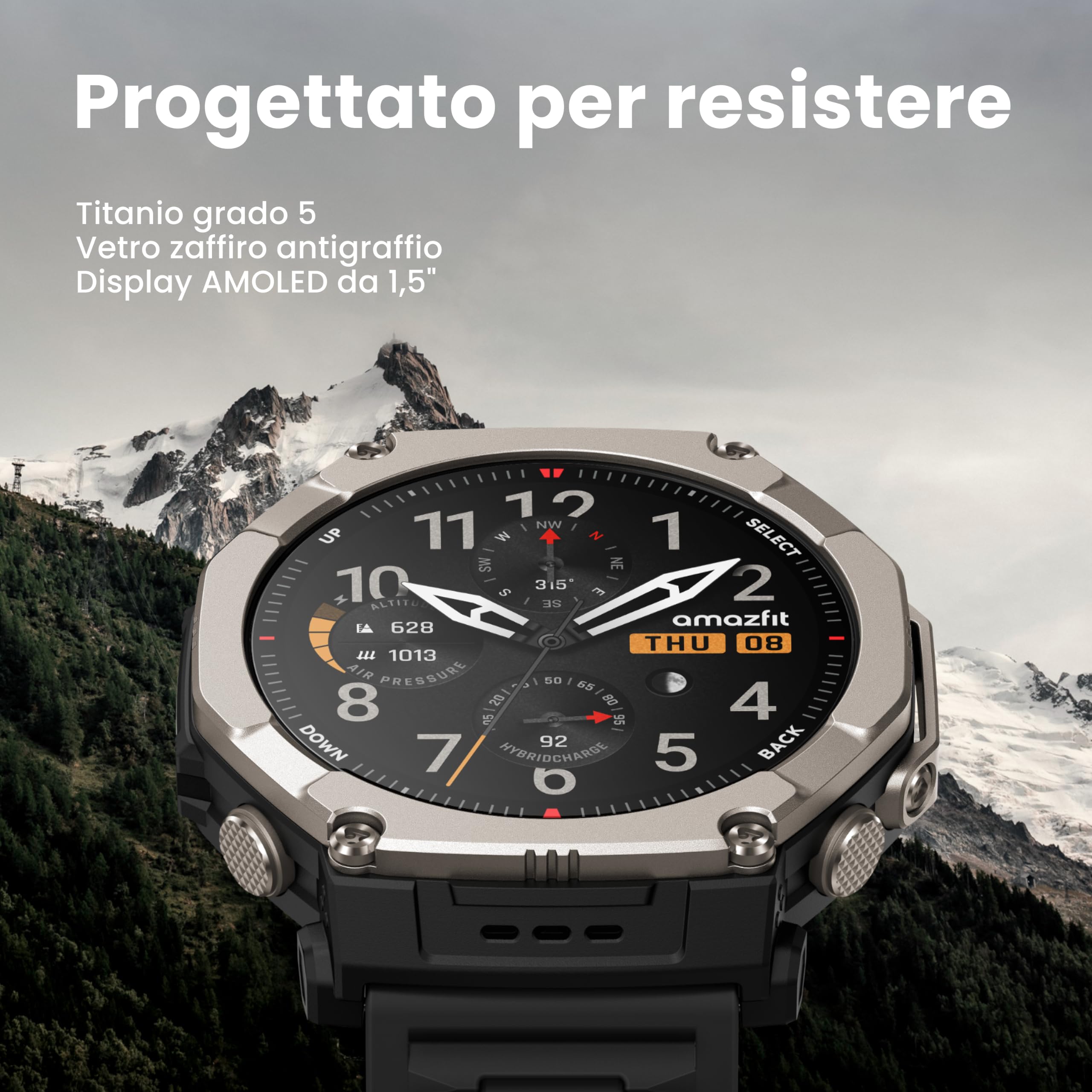 Amazfit T-Rex Ultra 2 Smartwatch Outdoor GPS Dual-Band, Cassa in Titanio 51 mm, Display AMOLED in Vetro Zaffiro 1,5", Torcia, 30 Giorni Batteria, Mappe Offline, 10 ATM, 180+ Sport, Android e iPhone