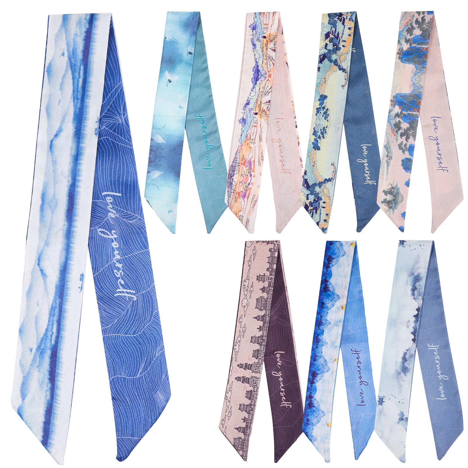 8 pañuelos de seda para mujer, pañuelos de seda para bolsos, pañuelos de seda coloridos y estrechos para atar el pelo, bolso de seda, toallas de pelo elegantes