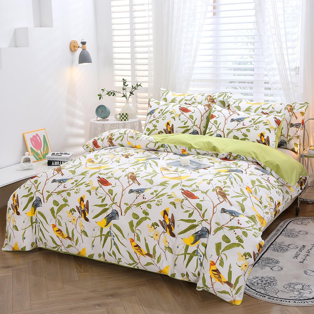 STYHO 3 Pcs Cotton Floral Duvet Cover Sets King Size Green Leaves Birds Printed Bedding Sets Ultra Soft Reversible Rustic Flowers Duvet Set for All Seasons(Birds - Image 2