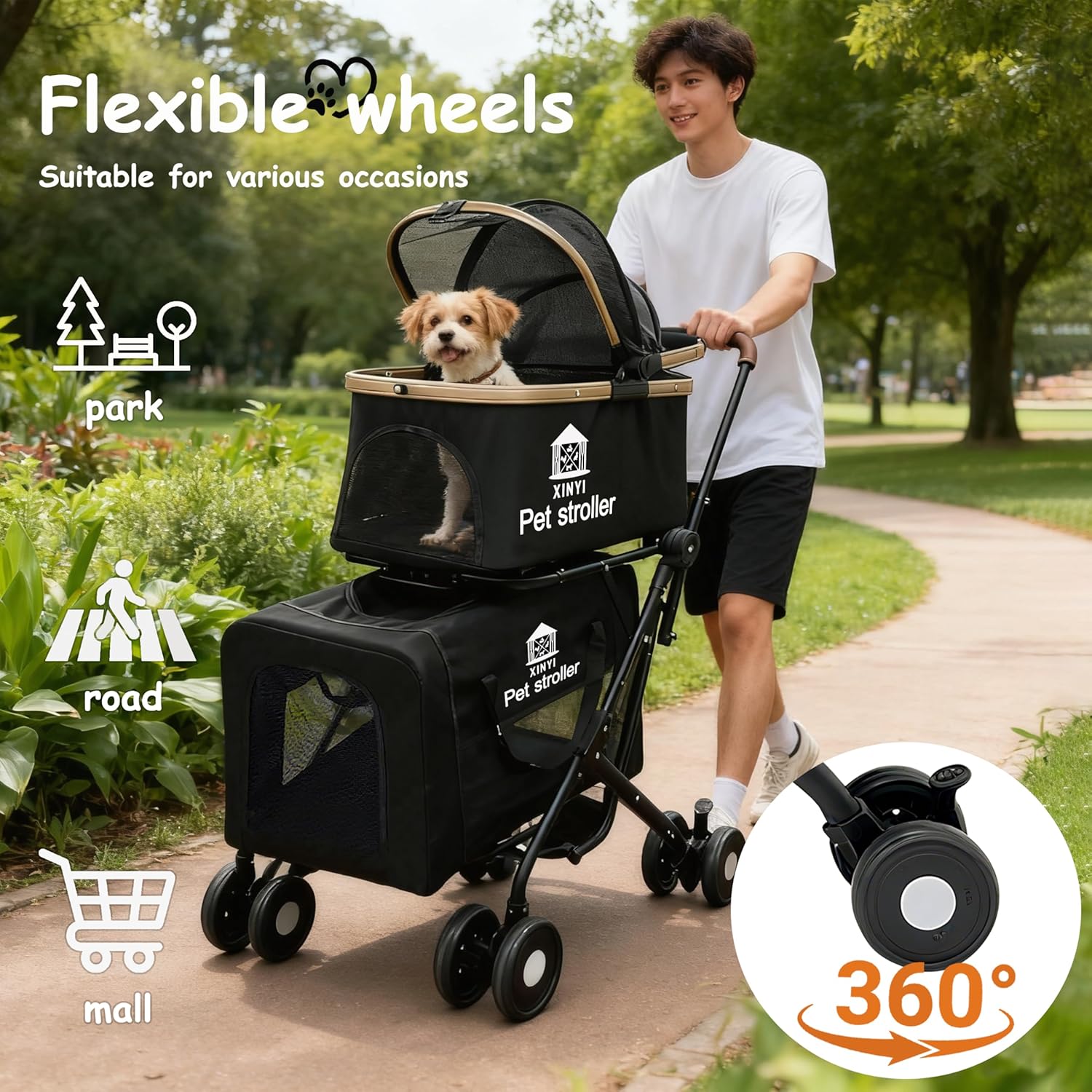 XL Extra-Large Double Pet Stroller, Running&Travel Pet Cart with Weather Cover, Cat&Dog Stroller for Large/Medium/Small Pets, Outdoor Pet Supplies