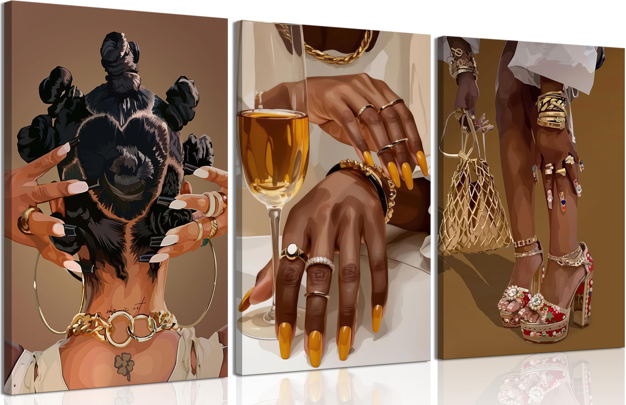 3 Pcs Trendy Black Woman Wall Art African American Black Female Painting Picture Wall Decor Fashion Black Girl Poster Print Artwork for Dormitory