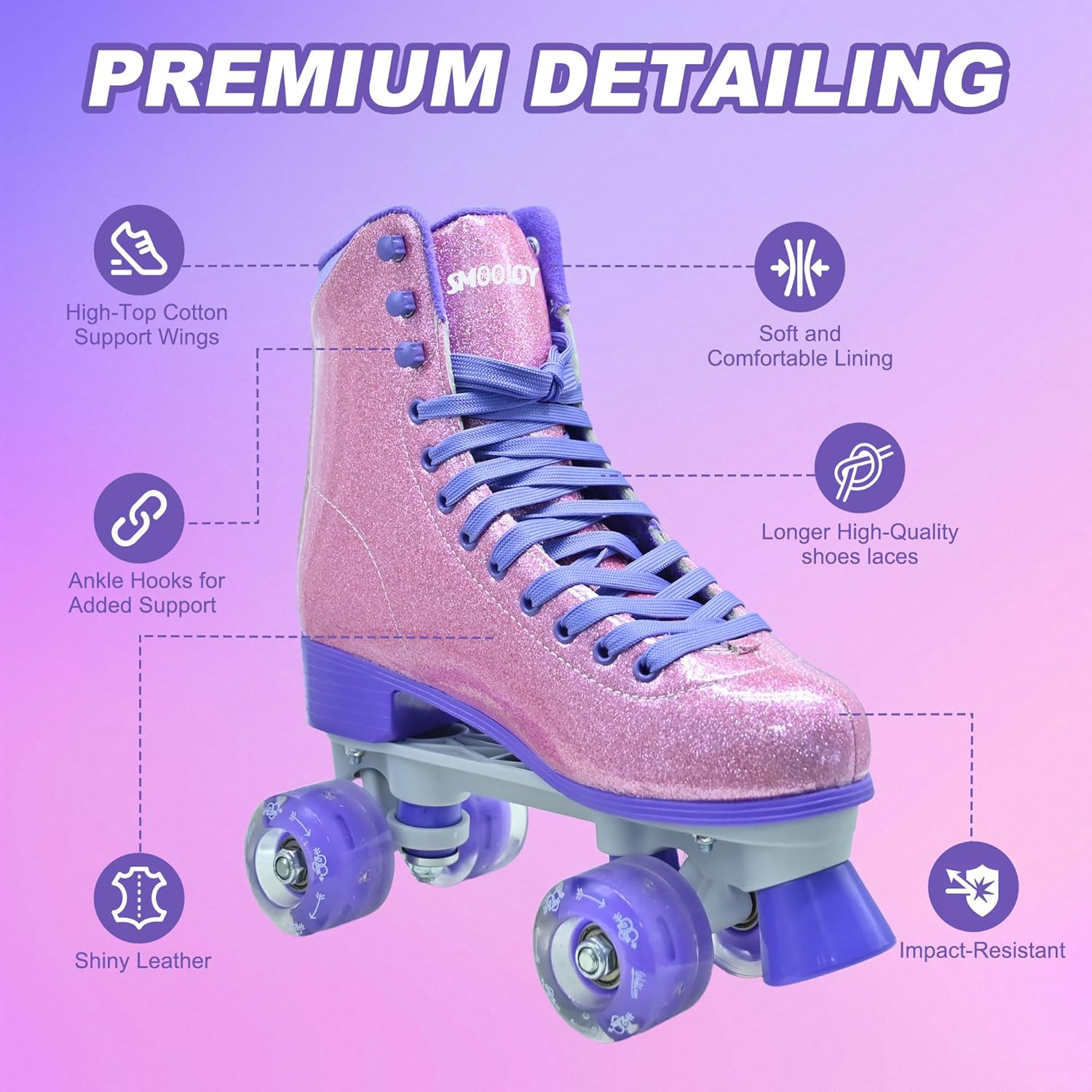 Womens Roller Skates, High Top PU Adult Derby Quad Skates Shoes Outdoor Shiny Double-Row Four Wheels Light Up Leather Rollerskates for Ages 8-50
