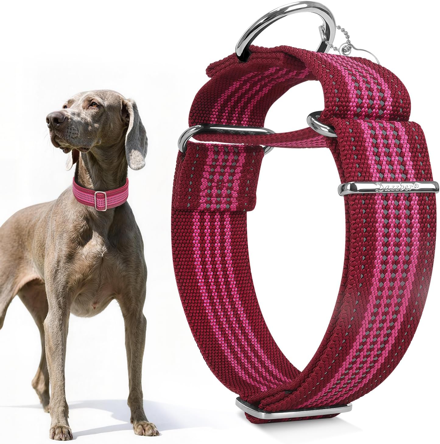 1.5" Martingale Dog Collar, Escape-Proof & Anti-Slip, Extra Strong Reflective Nylon, Adjustable Two-Color Stripe for Medium to X-Large Dogs (L-Baby Blue)