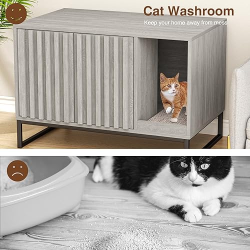 Miniatura 8 de Caja de arena moderna para gatos, caja de arena oculta con almohadilla para arañazos para gatos, mesa auxiliar de casa de gato, banco de entrada