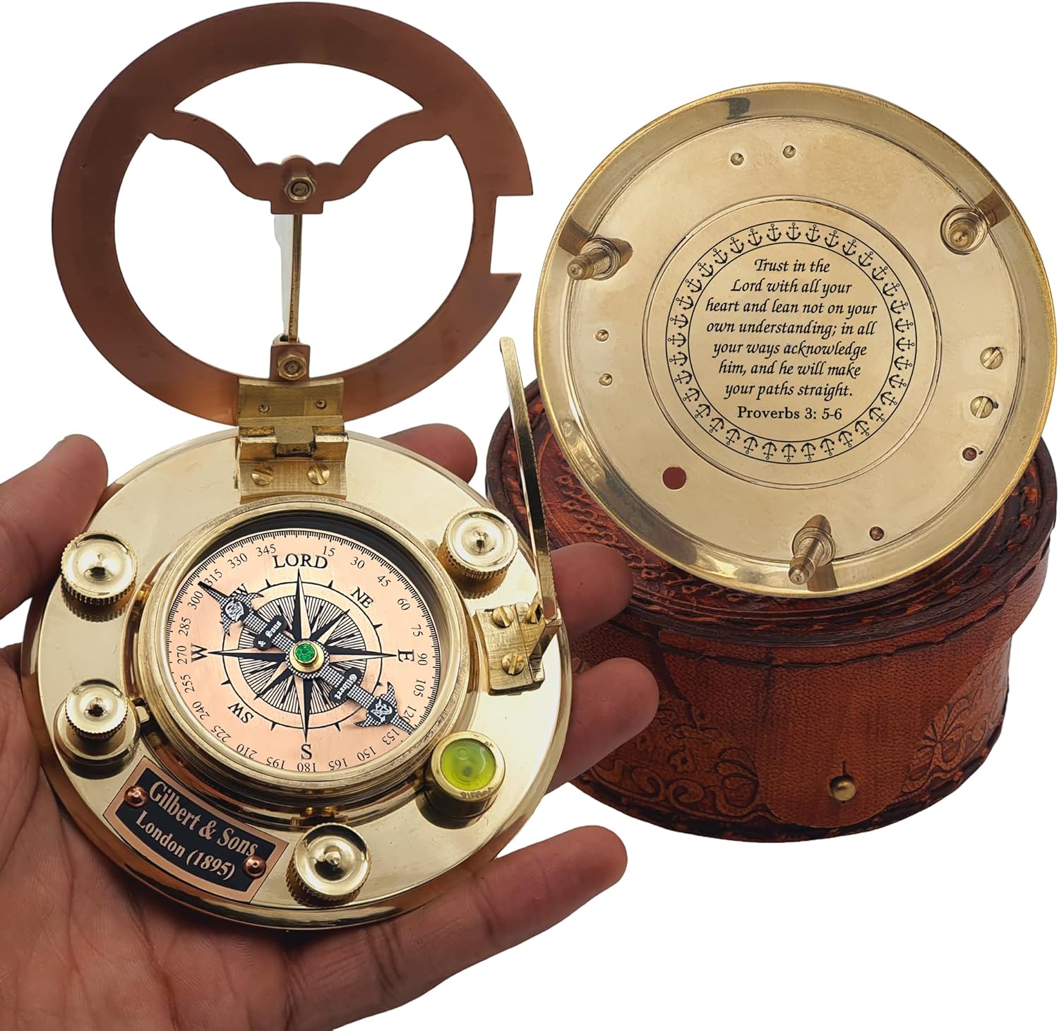 Trust in The Lord with All Your Heart -Proverbs 3: 5-6 Quote Engraved Compass with Leather Box, Sundal Compass, Gift Compass, Graduation Gifts Compass for Women Mens Boy Girls - Image 3