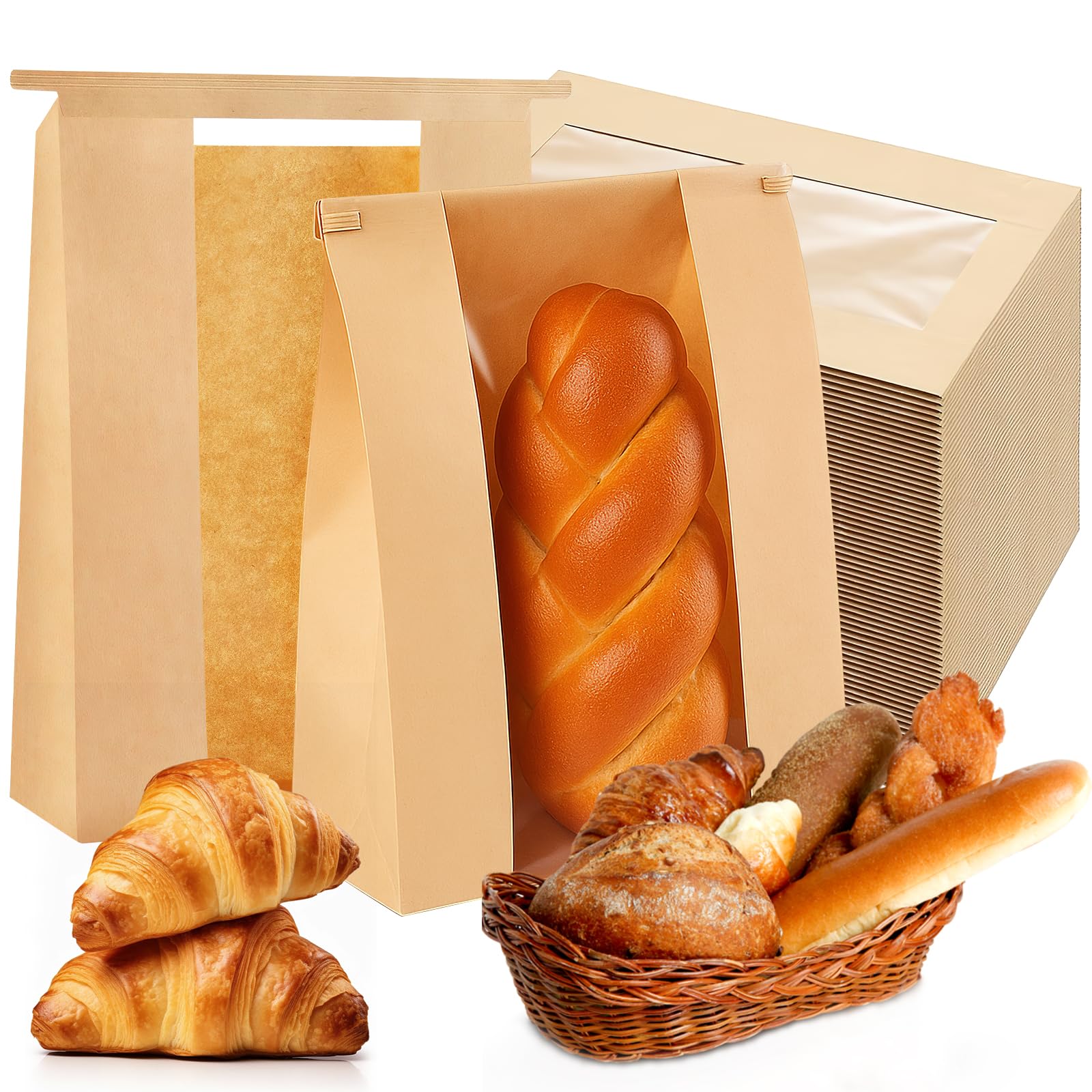 100 Pack Paper Bread Bags for Homemade Bread, Kraft Paper Sourdough Bread bags with Window, Brown Large Bakery Bag with Tin Tie Tab Lock, 12.4 x 8.2 x 3.5 Inch