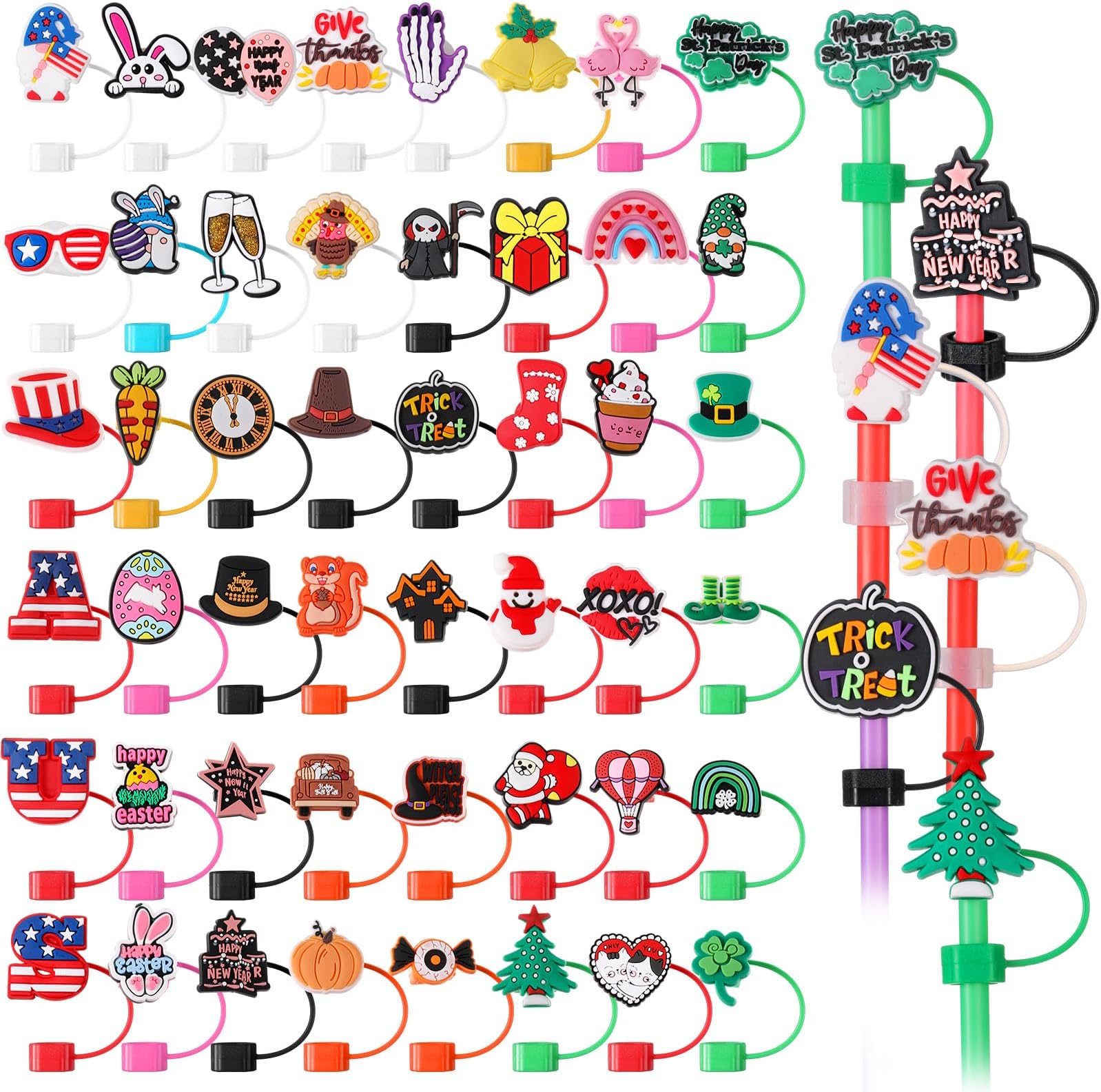 9Pcs Christmas Straw Covers – Silicone Reusable Straw Toppers For Holiday Parties, 8mm Fit