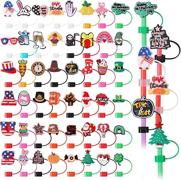 48 Pcs Holiday Straw Cover Silicone Reusable Tumbler Straw Toppers, Classic
