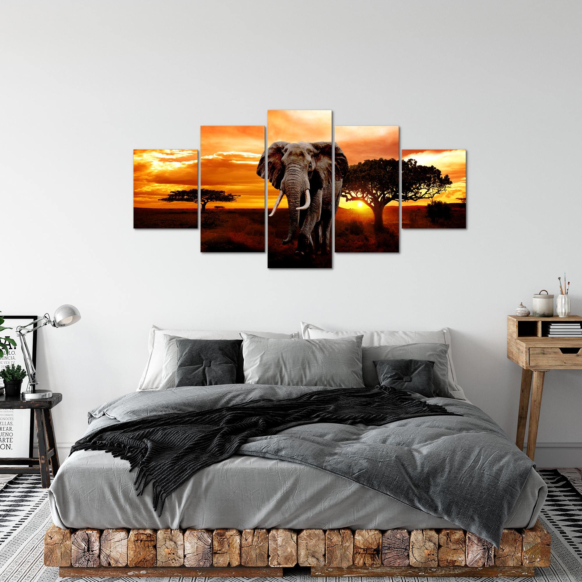 Runa Art - Bilder Afrika Elefant 200 x 100 cm 5 Teilig XXL Wanddekoration Design Orange 001251a