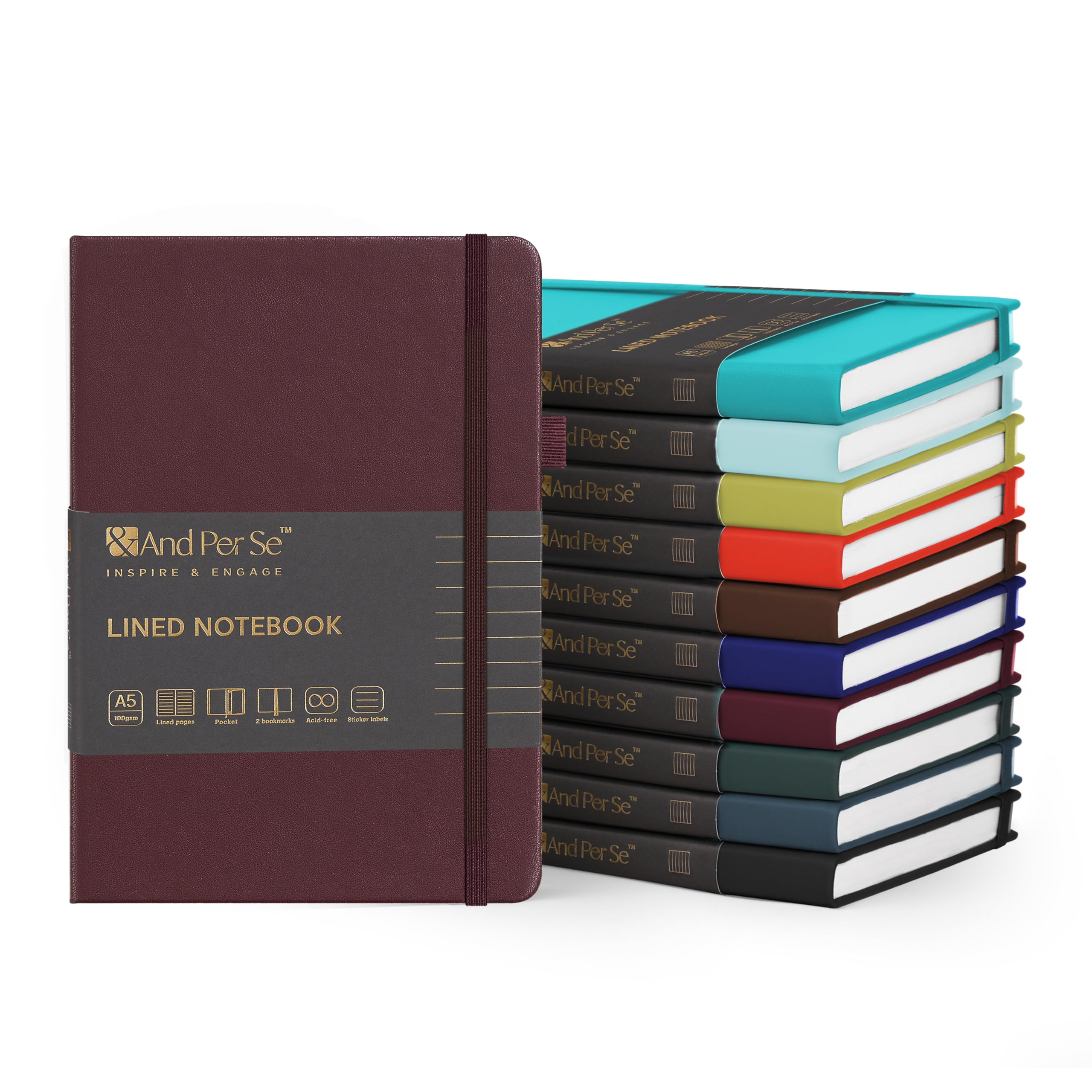 &And Per Se 10-Pack Lined Notebooks, A5 Hardcover, 160 Pages 100gsm Thick Paper, Office Supply Bulk Order, Corporate New Hire Kits, Breakroom Essentials – College Ruled, 10 Units (Solid Colors)