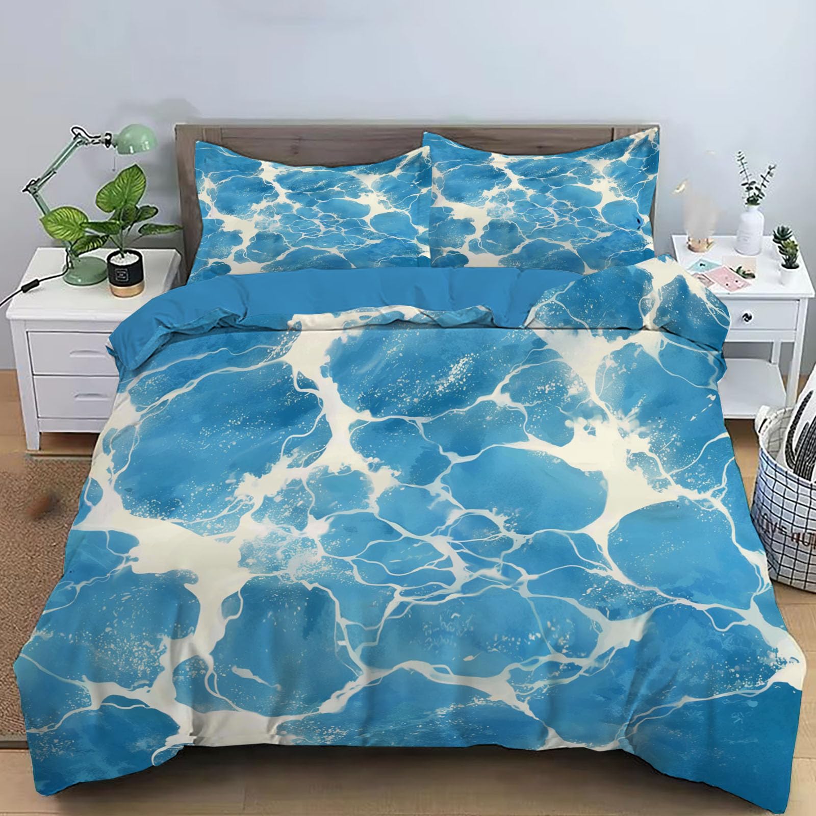 Housse de couette douce et respirante à motif vagues géométriques bleu et blanc