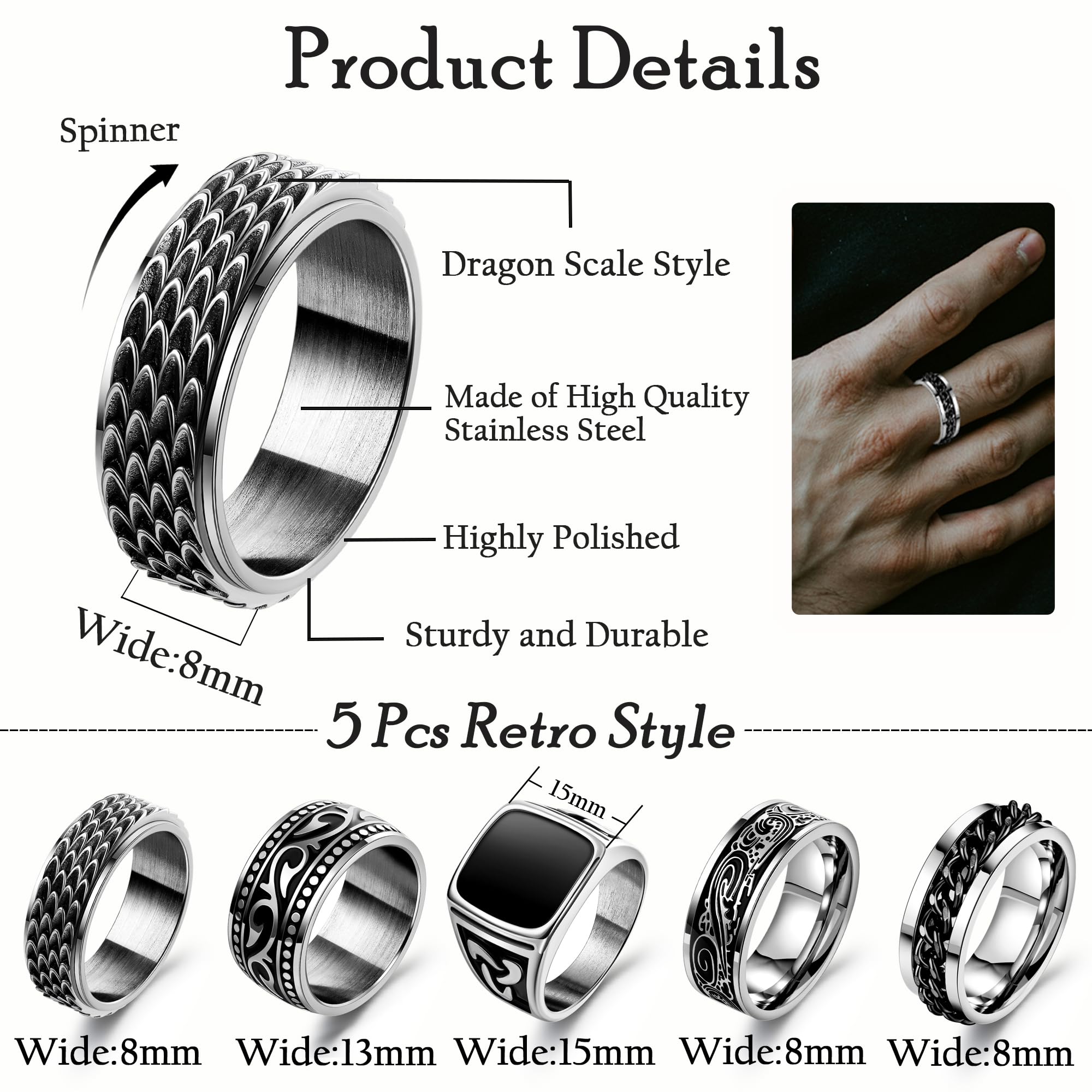 5 anillos de acero inoxidable para hombre, anillos de sello vintage, anillos anchos retro tallados celtas, anillos de plata de alto pulido, anillos giratorios punk, tallas 7-13, Acero 3