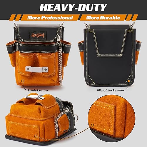 Miniatura 4 de Bolsas de cinturón de herramientas de cuero de 9 bolsillos, cinturón de herramientas resistente con hombro ajustable, bolsas multiusos para