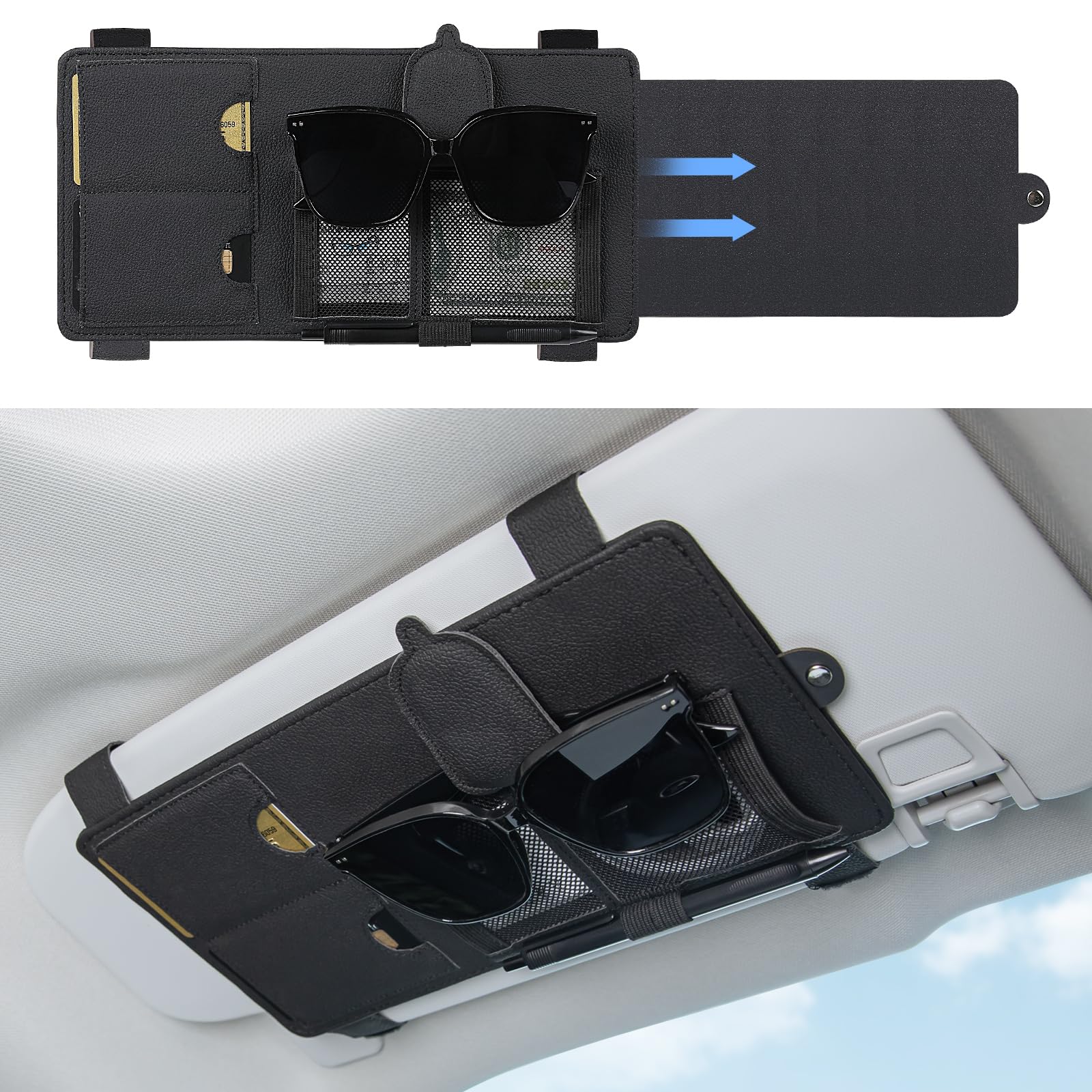 SEG Direct Sun Visor Extender for Car, Sun Blocker with Magnetic Sunglass Holder Hanger Clip, Ticket Card Organization Pouches, Side Sunshade Visor Organizer Accessories, Black