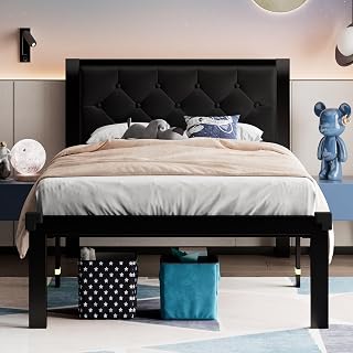 FEONASE Twin Size Heavy Duty Metal Platform Bed Frame with Tufted Faux Leather Headboard, 12" Underbed Storage, Noise-Free Steel Slats, No Box Spring Needed - Black