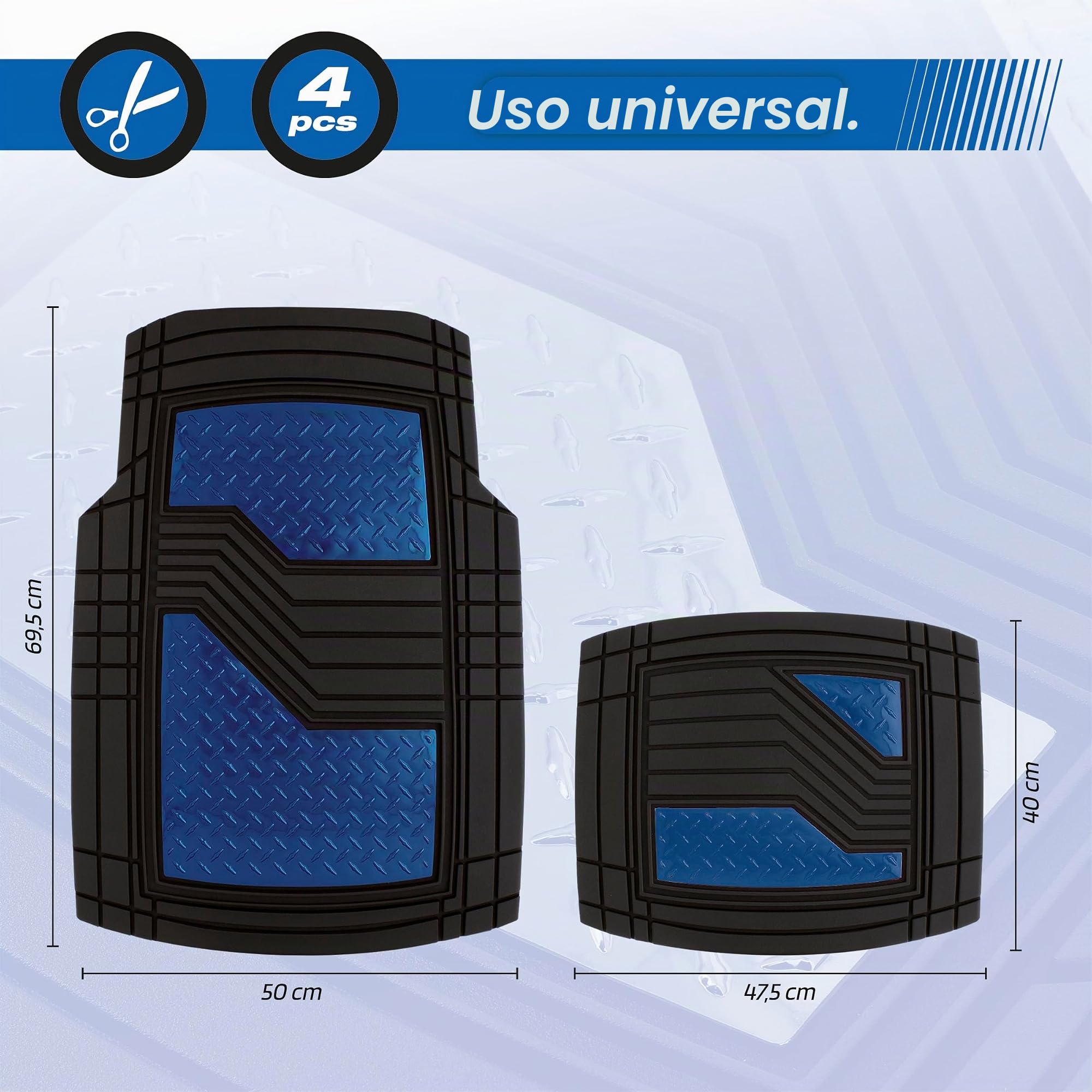 S SUMEX Alfombrillas de Goma Universales para Coche Alfombras Antideslizante Alfombrillas Automóvil Recortables Delanteras 70 x 50 cm Traseras 40 x 47,50 cm Color Azul Metalizado