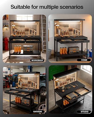 Miniatura 8 de Banco de trabajo, bancos de trabajo para garaje, mesa de trabajo, banco de trabajo de acero A3 con capacidad de 600 libras para garaje,