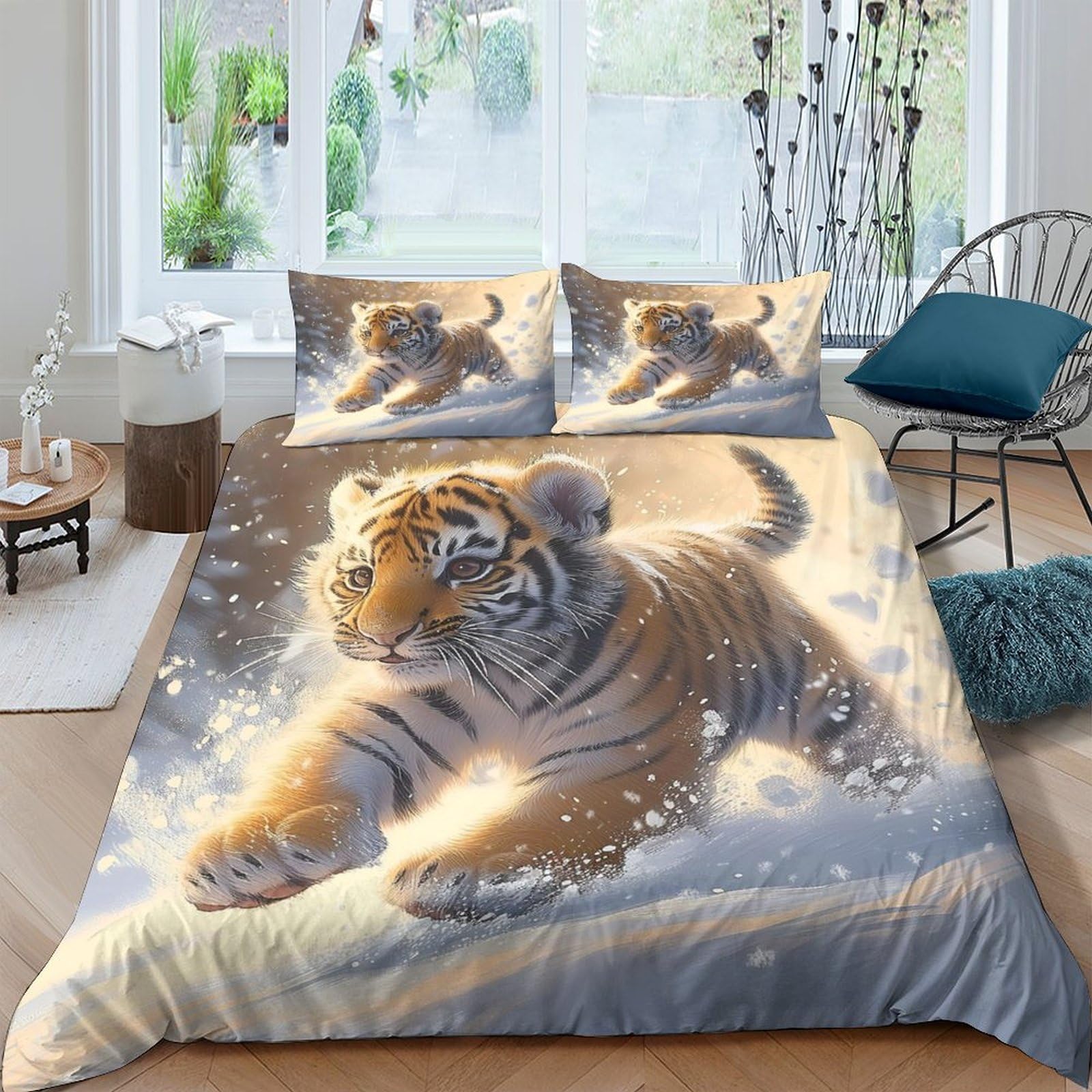 Ctjqhvkz Style-5 3D Printed Tiger Cub Fitted Sheet Microfiber Soft Anti-Slip Animal Snow Bed Cover For Bedroom Dorm Mattress Protection Decor Single（135X200cm）