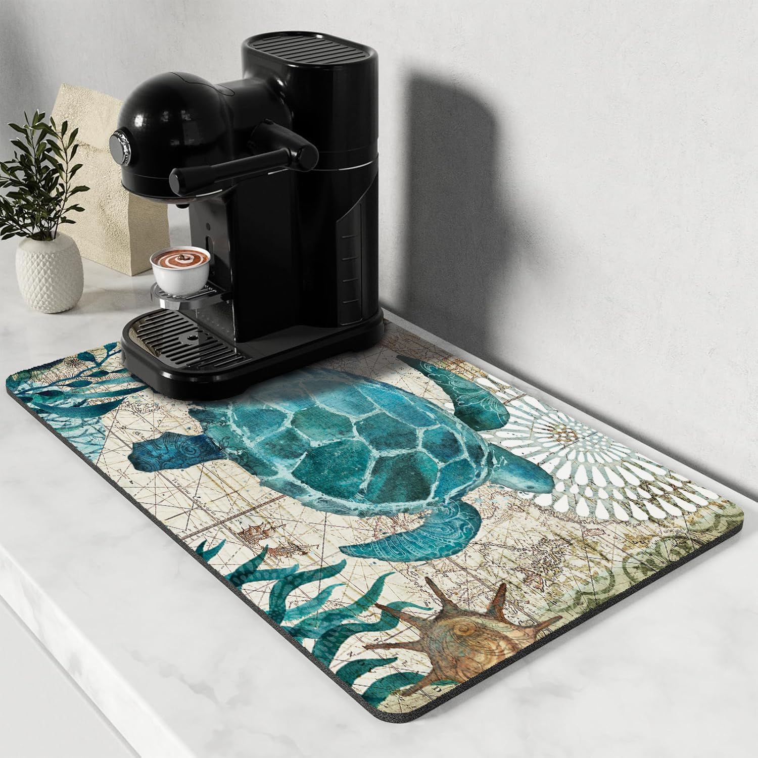 Dish Drying Mat for Kitchen Counter, Blue Vintage Sea Turtle Design, Washable Absorbent Quick Dry Pad with Rubber Backing, Draining Mat for Dishes Coffee Table, 12" x 20"