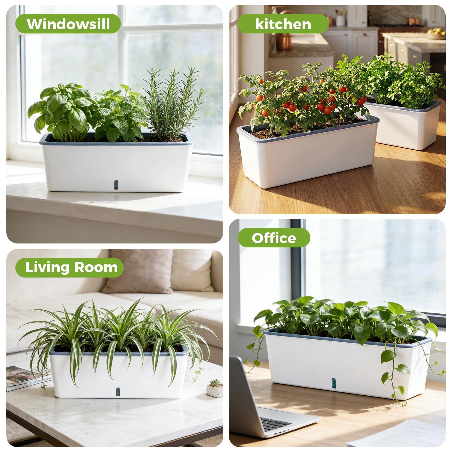 Rechteckiger Übertopf, 43.2x11.4 cm, selbstwässernder Übertopf, Fensterbank, Pflanzgefäß, für den Innenbereich, rechteckig, selbstbewässernde Töpfe, weißer Blumentopf für den Innenbereich, 4 Stück