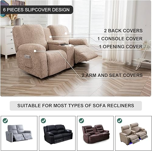 Miniatura 3 de Funda de sofá reclinable con consola central, funda de sofá reclinable de jacquard de 2 plazas con bolsillos, funda elástica y lavable, protector de