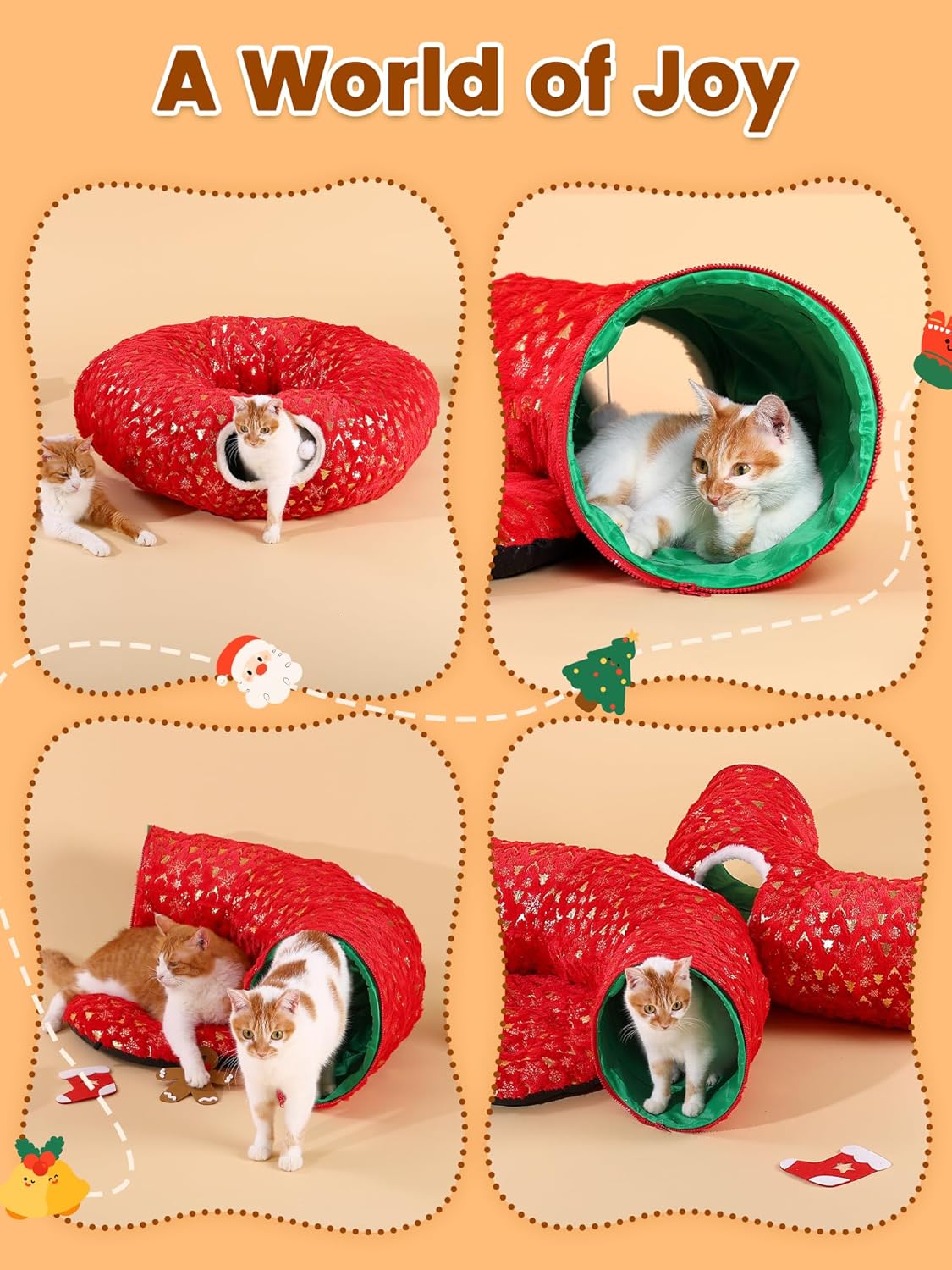 Rywell 3-in-1 Cat Tunnel Christmas Tree Skirt,Soft Plush Tunnel Bed for Indoor Cats Play, Rest & Hide, Foldable Cat Tunnel with Cozy Cushion & Toy Balls, Perfect for Christmas Tree Decor