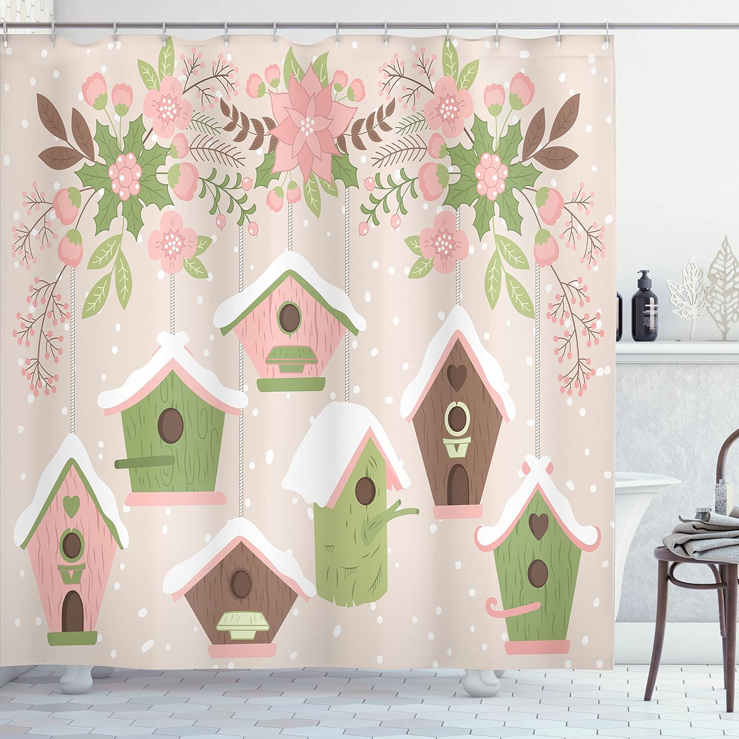 Ambesonne Birdhouse Shower Curtain, Pastel Tone Nests Floral Ornaments Covered in Snow, Cloth Fabric Bathroom Decor Set with Hooks, 69" W x 75" L, Rose Umber Green