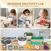Vista 7 de Juego de cocina de 80 piezas, cocina para niños pequeños con ollas, sartenes, utensilios de cocina, alimentos, manta de picnic, frutas, verduras