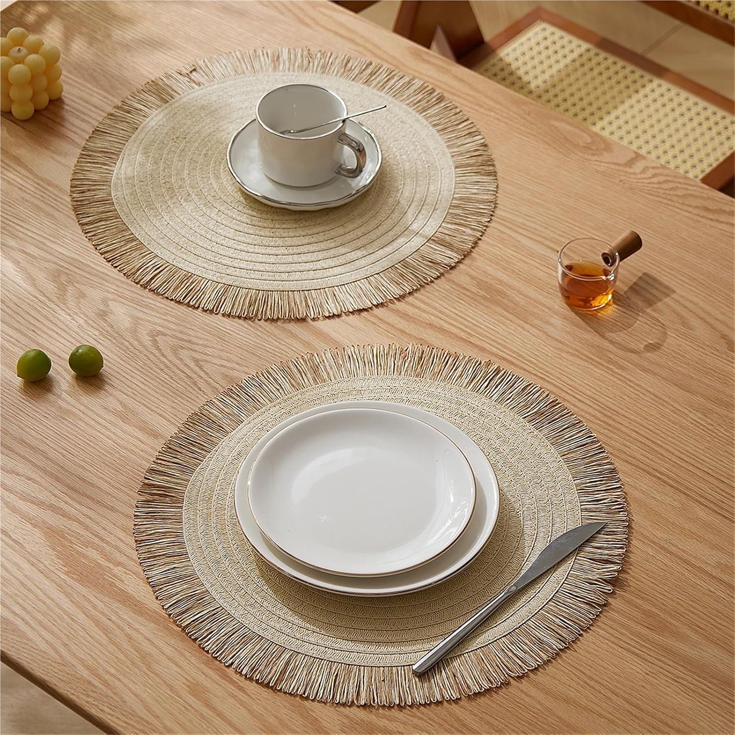 Beige Paper Woven Placemats Dish Coffee Cup Table Mat Non-Slip Kitchen Placemat Round Coaster Home Decor(2pcs)