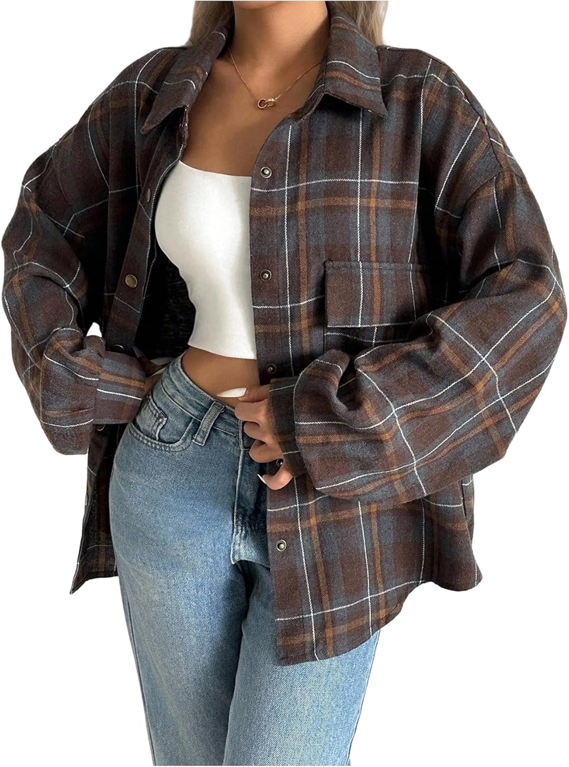 SOLY HUX Women's Plaid Flannel Shirt Button Down Long Sleeve Collared Oversized Blouse Tops