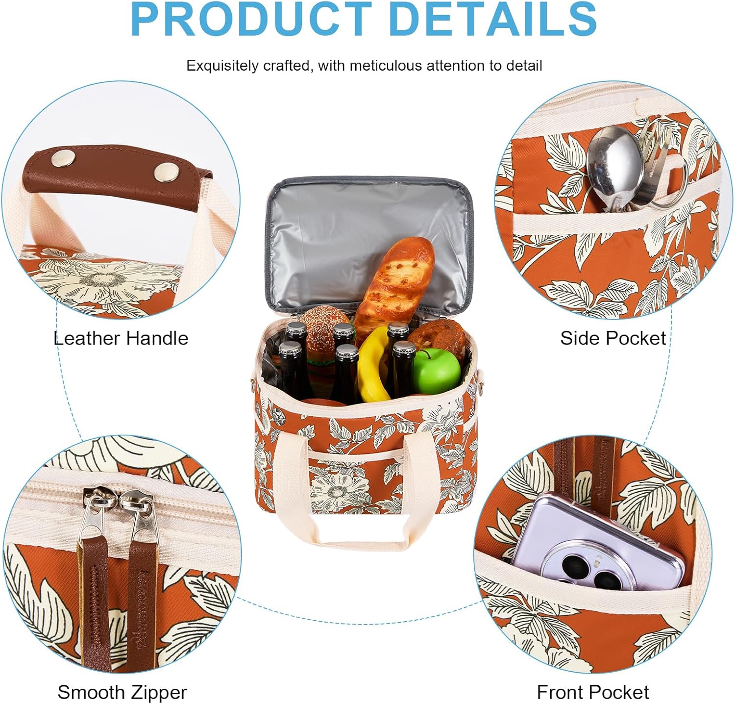 Nanxson 9L/15L/29L Extra Large Insulated Lunch Bag for Women Adult Reusable Leakproof Picnic Lunch Box Freezable Cooler Tote Bag (15L,A-Orange Flower)